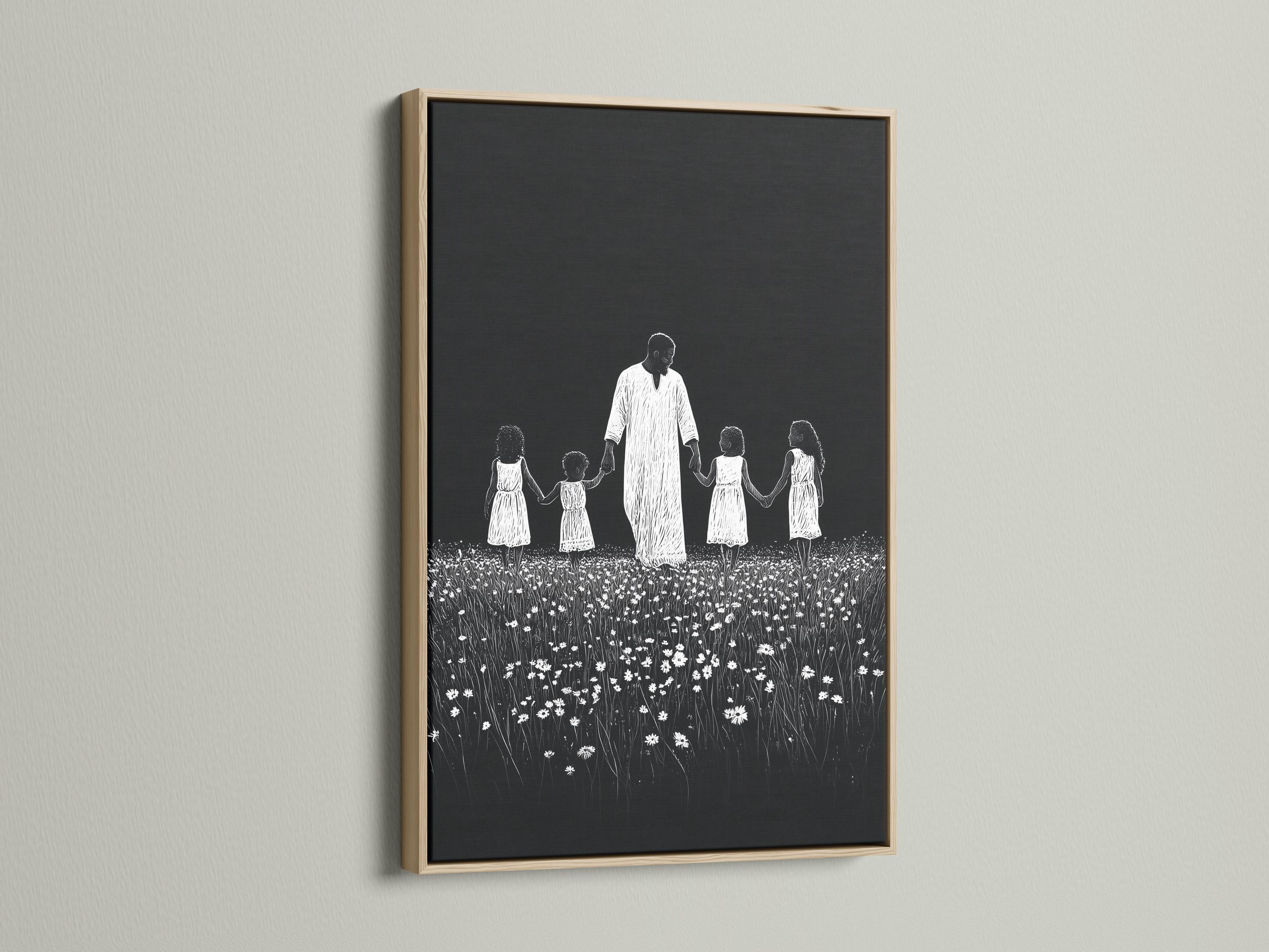 Monochrome line-art family scene of a father holding daughters’ hands in a flower field detail view
