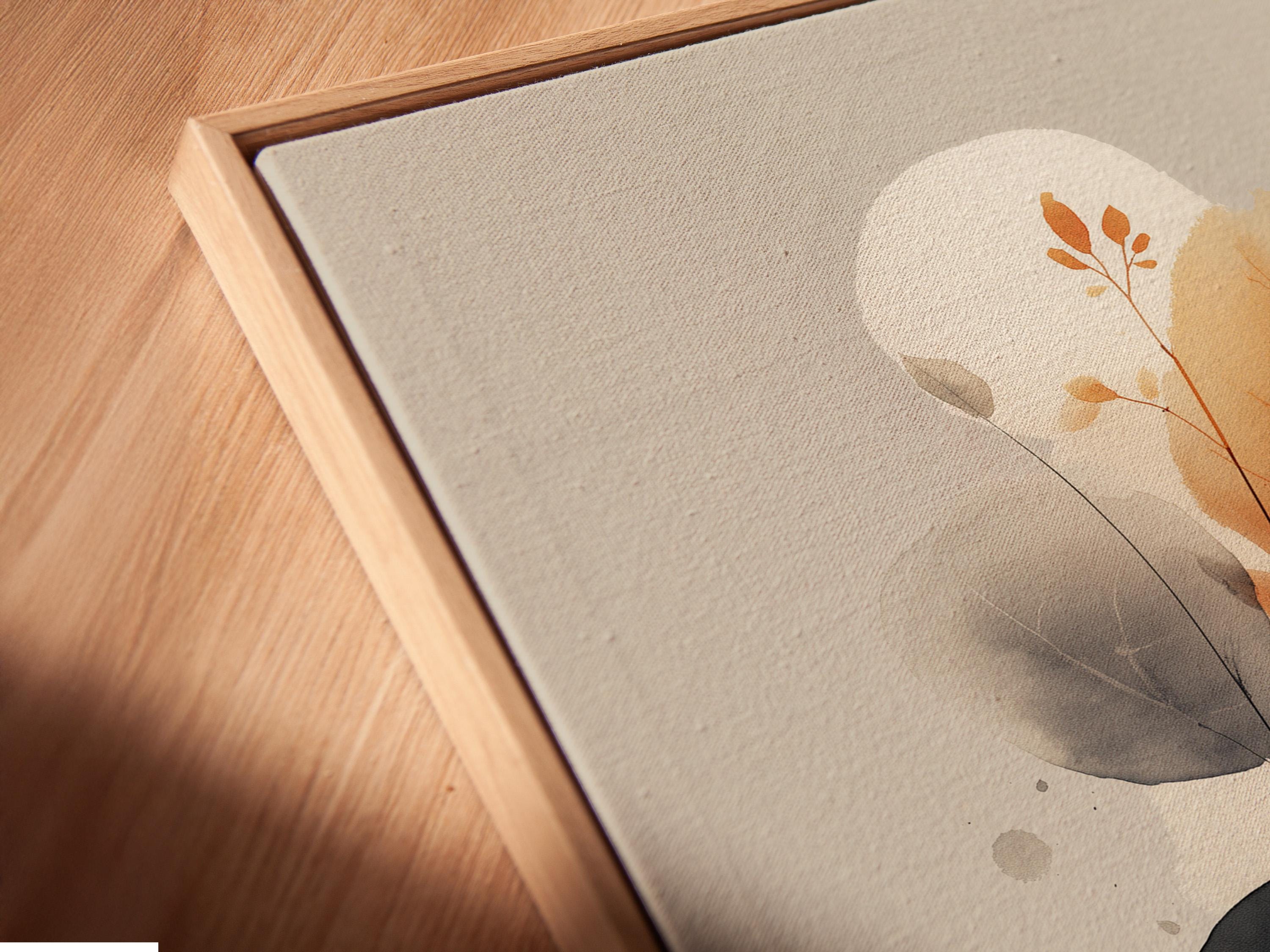 Abstract botanical artwork with watercolor-like leaves and orange flower heads on a beige background detail view