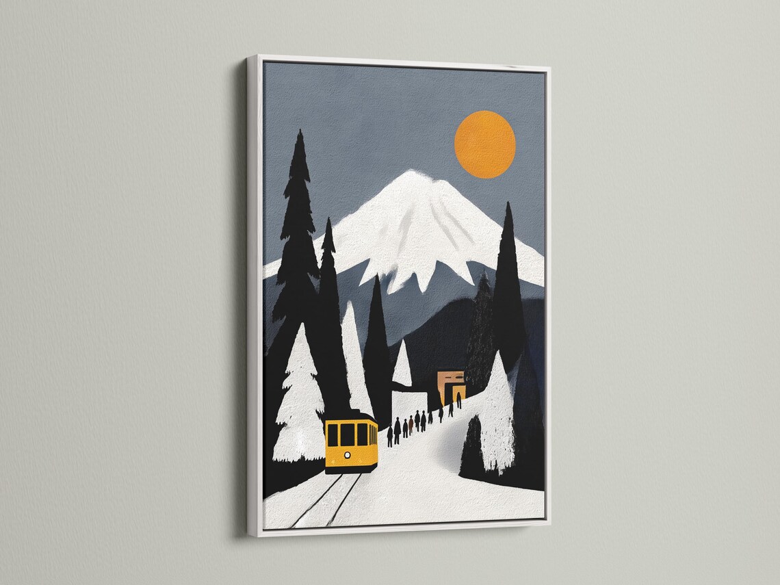 Room mockup showing a framed yellow train winter mountain artwork