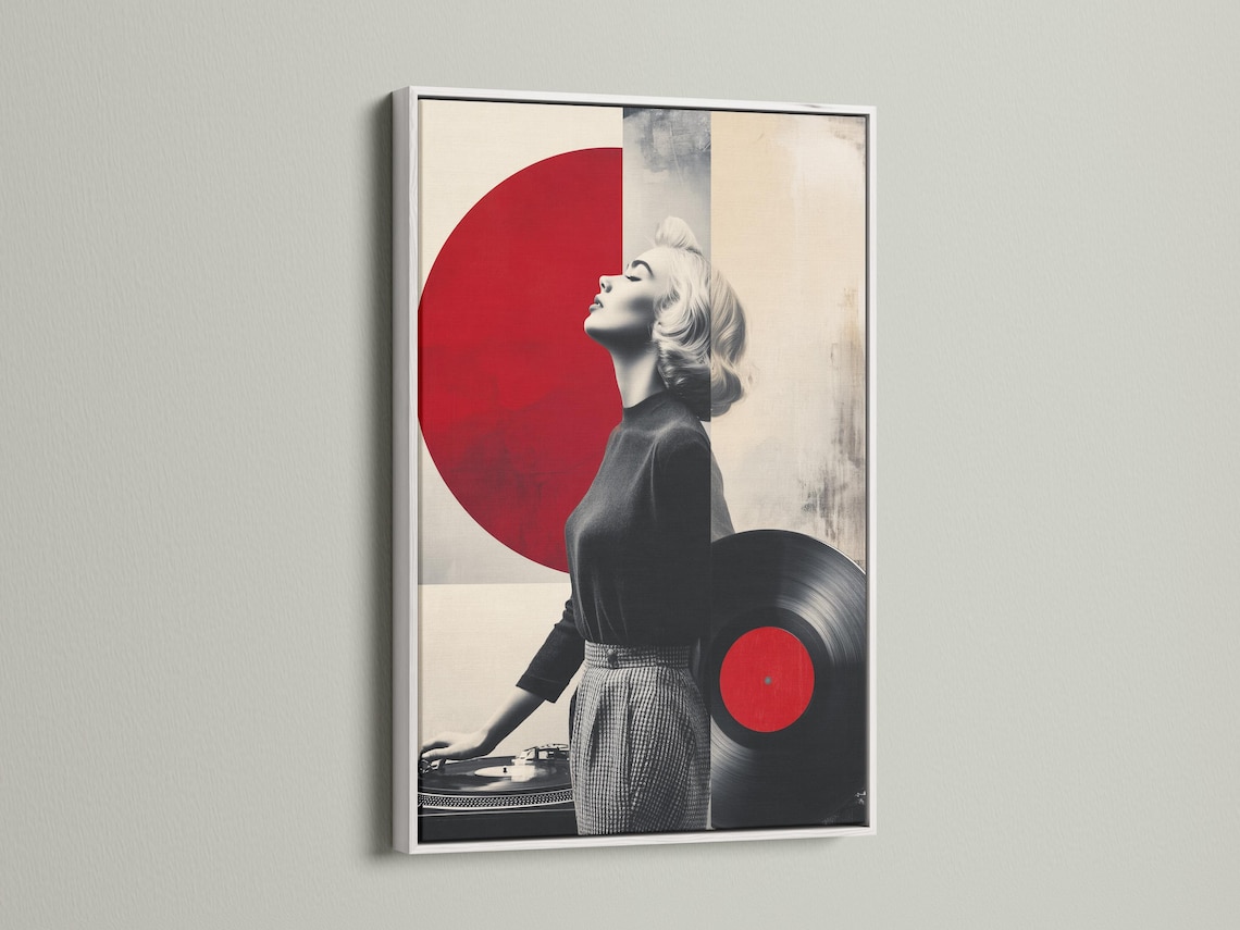 Monochrome portrait of a blonde woman with large red vinyl circle accents and a turntable detail view
