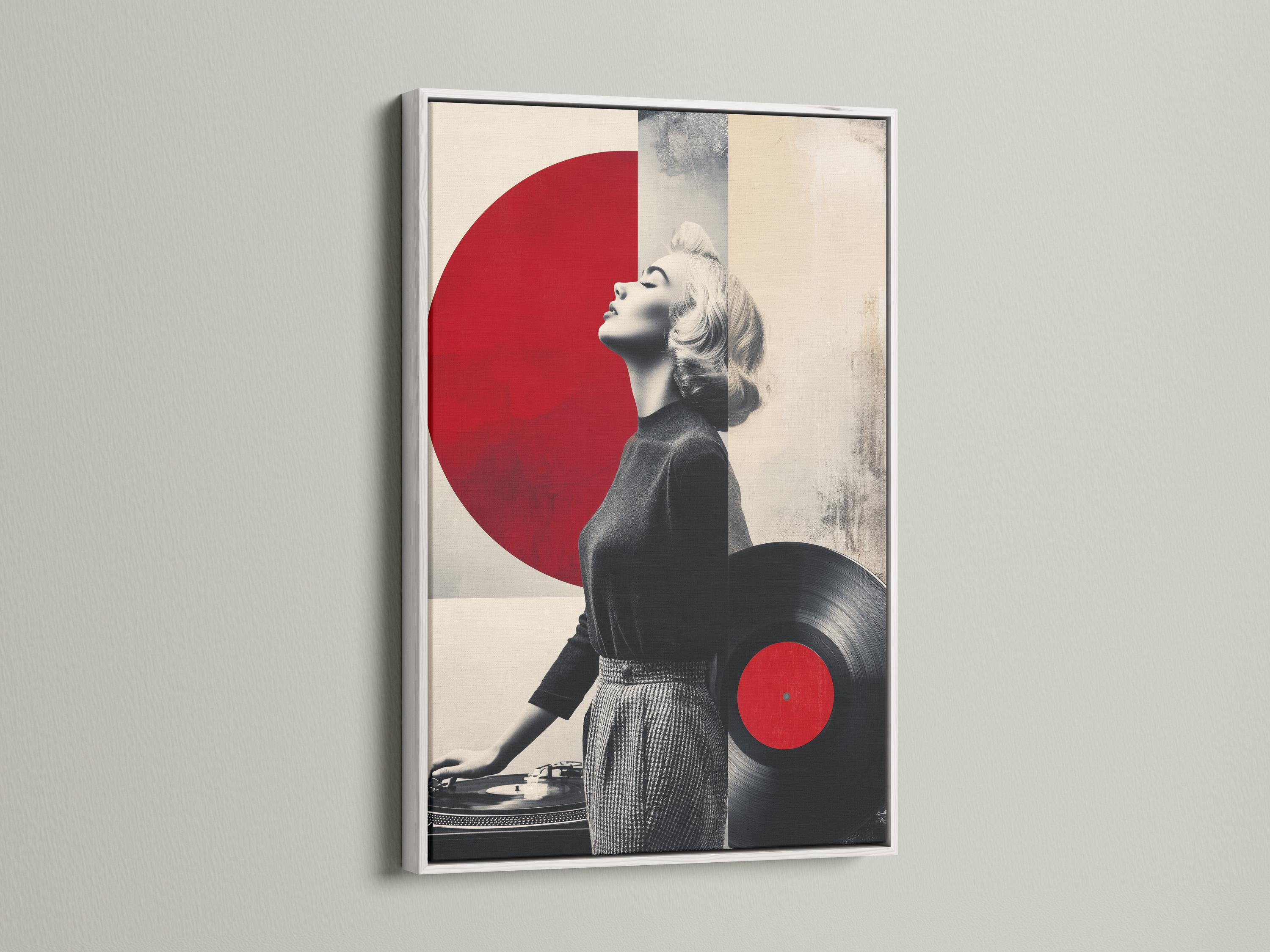 Monochrome portrait of a blonde woman with large red vinyl circle accents and a turntable detail view