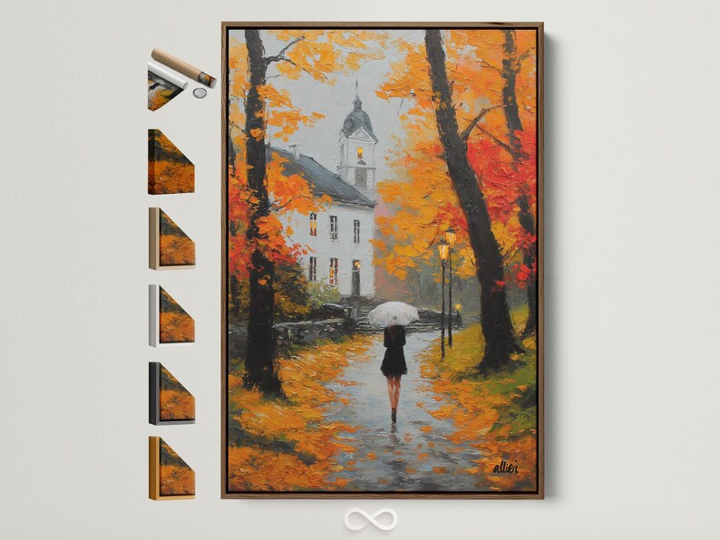 Painted autumn rain street scene with a figure holding an umbrella under orange and red trees