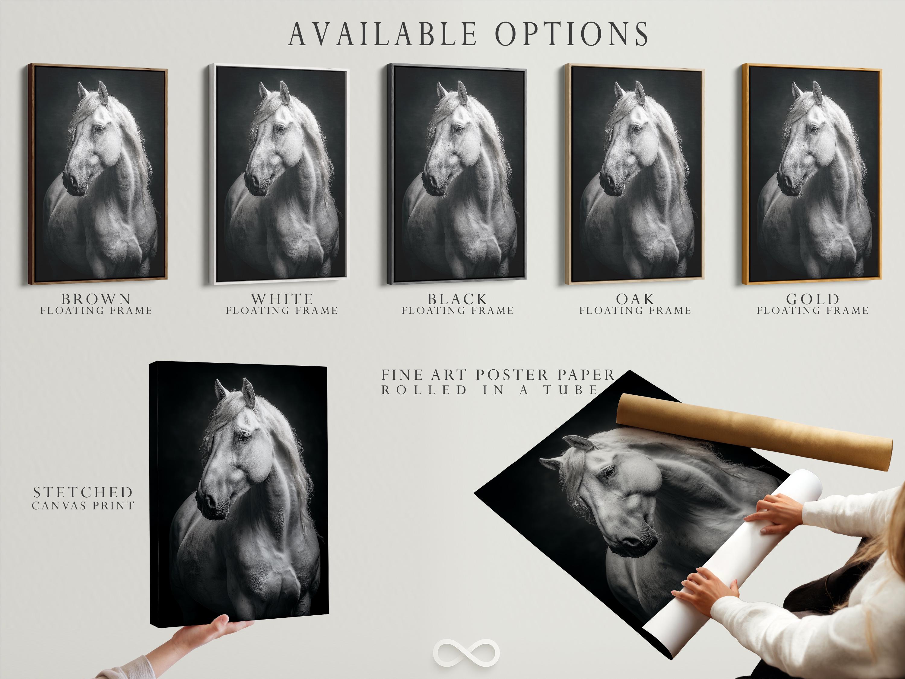 Room mockup showing a framed black and white horse portrait artwork