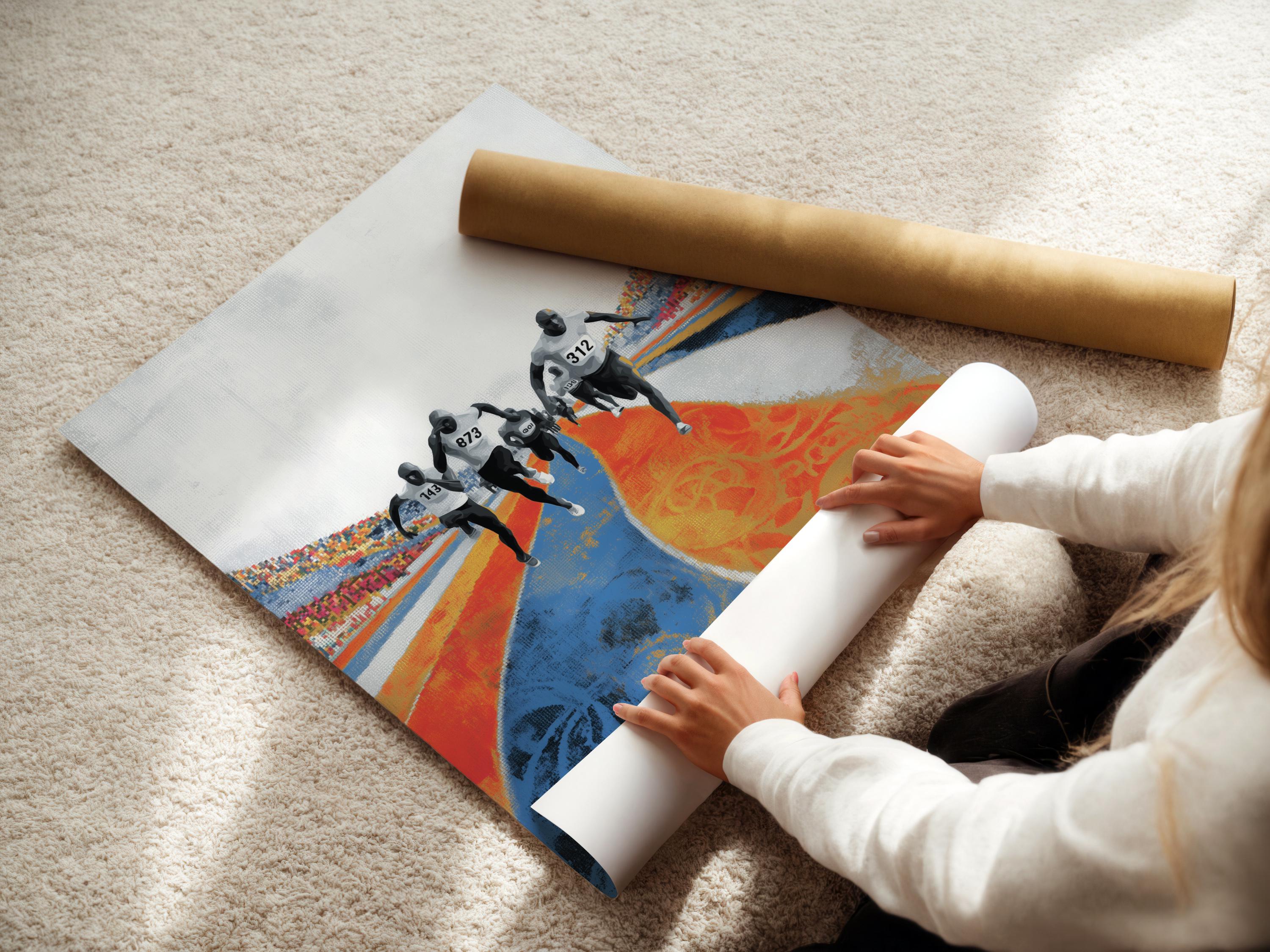 Marathon runner artwork shown in a wall mockup with frame thumbnails