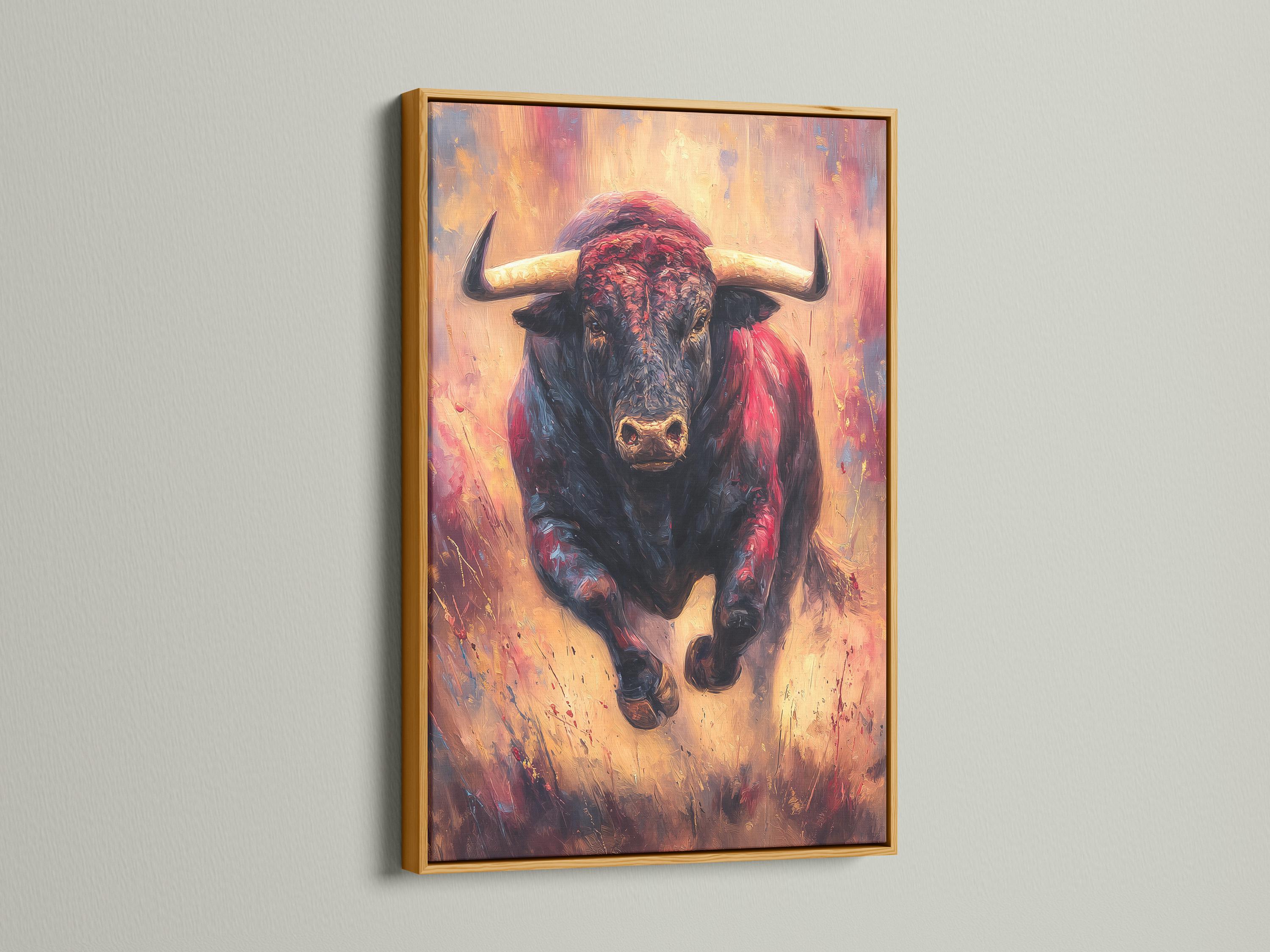 Portrait of a bull with dark charcoal and black tones, red highlights and warm gold accents detail view