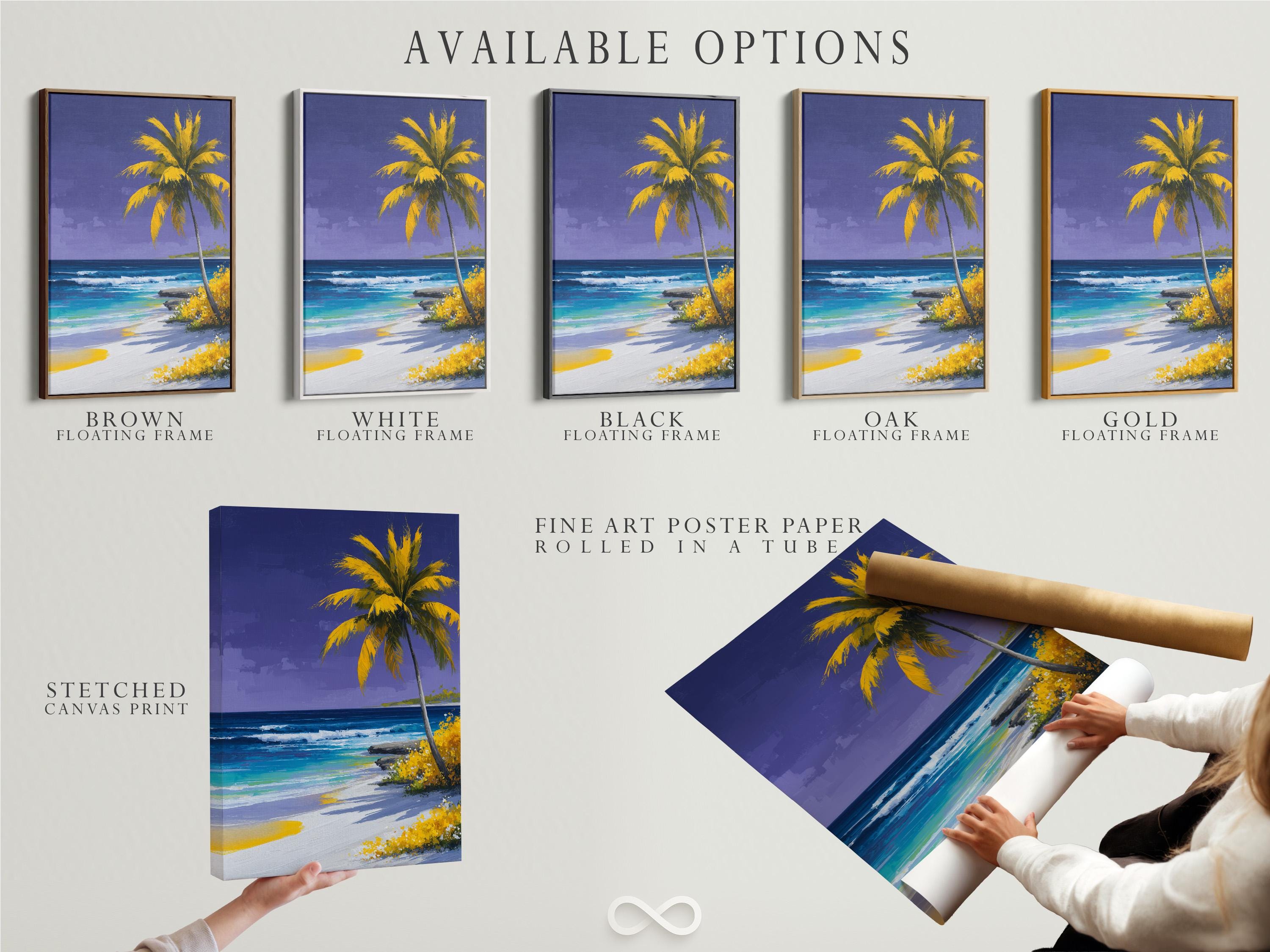 Painterly palm tree on a tropical beach with purple-blue sky and turquoise ocean detail view