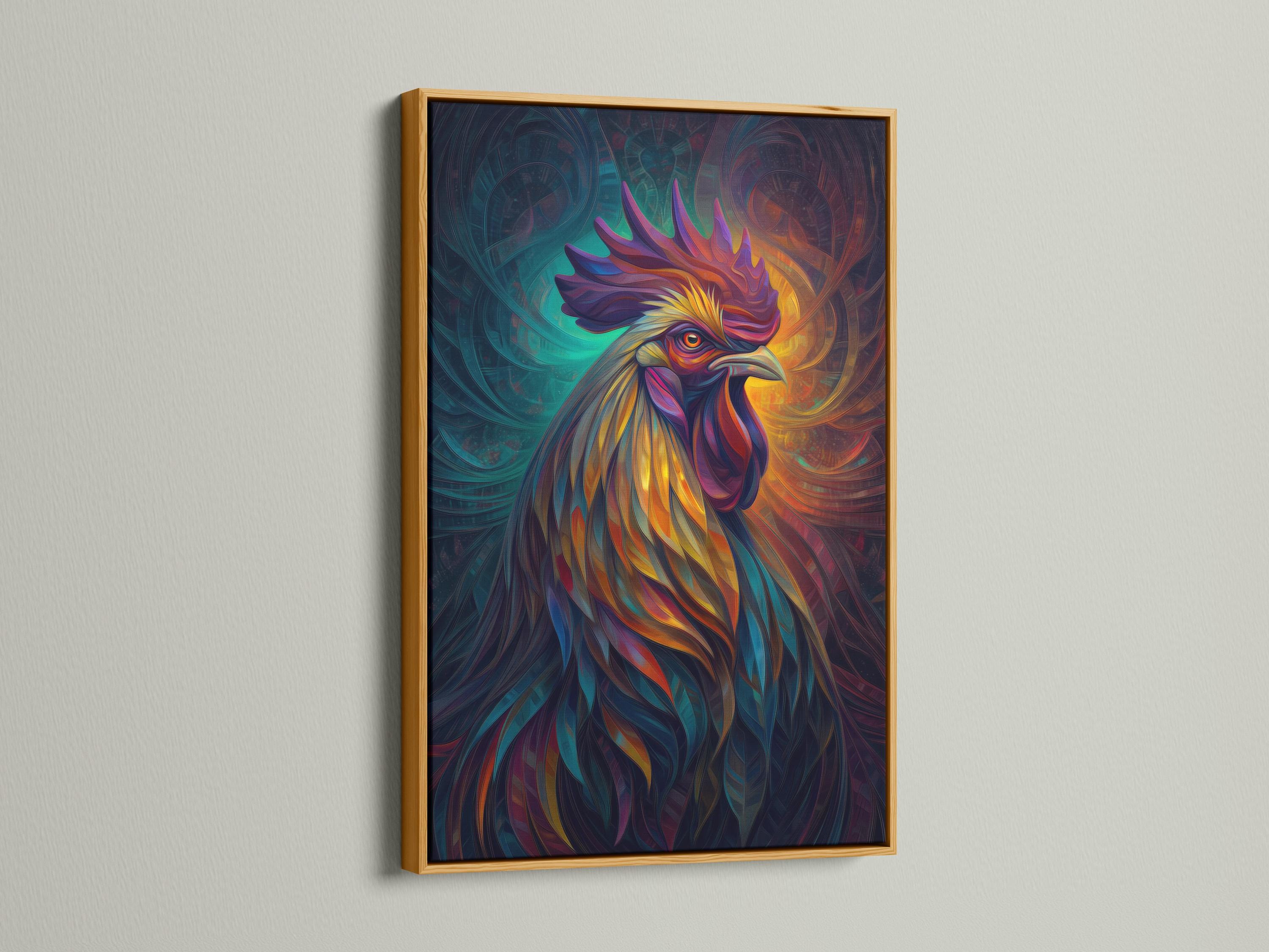 Room mockup showing framed rooster artwork in vivid teal, orange, purple and yellow