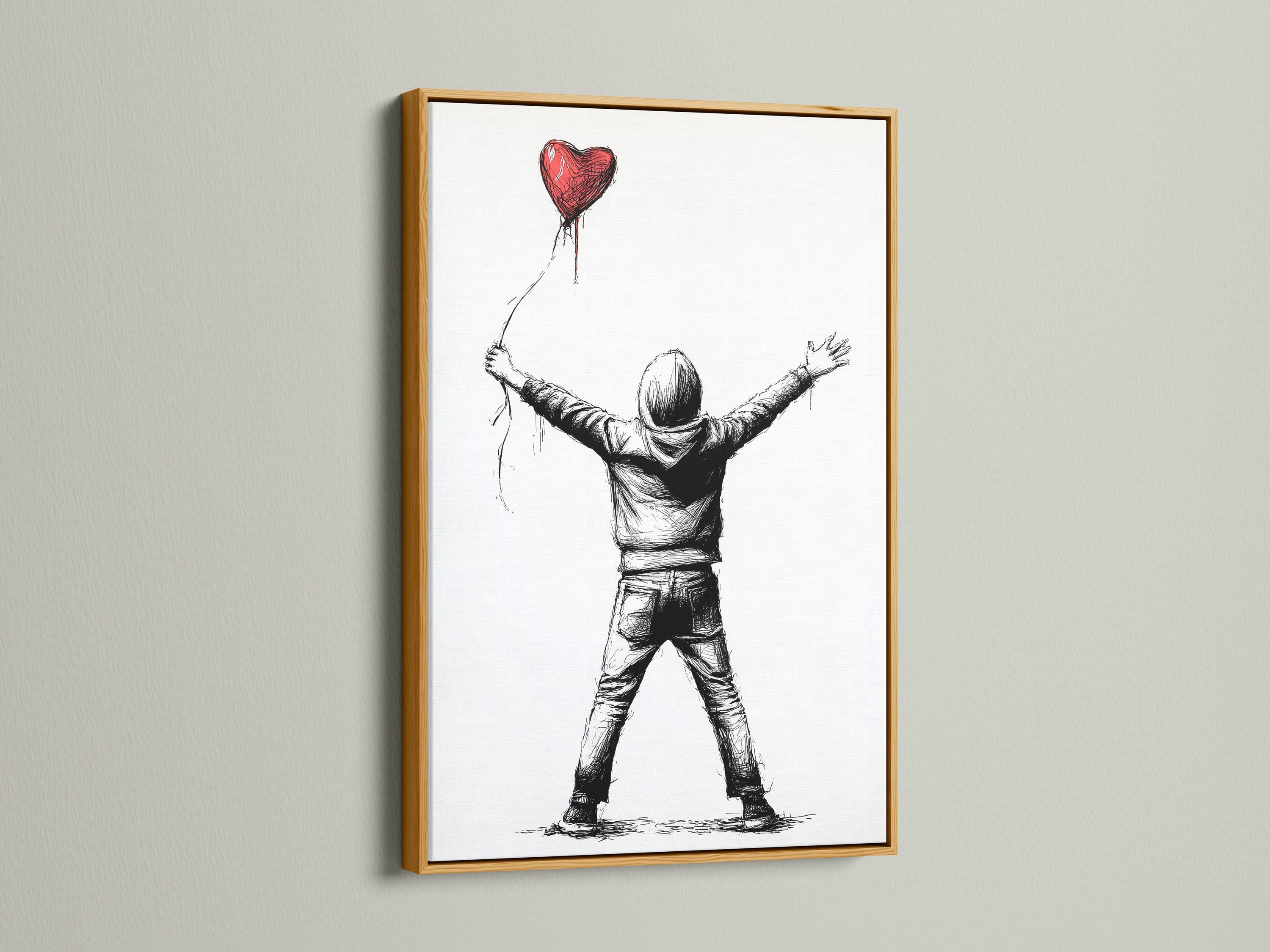 Framed wall art mockup showing a boy holding a red heart-shaped balloon