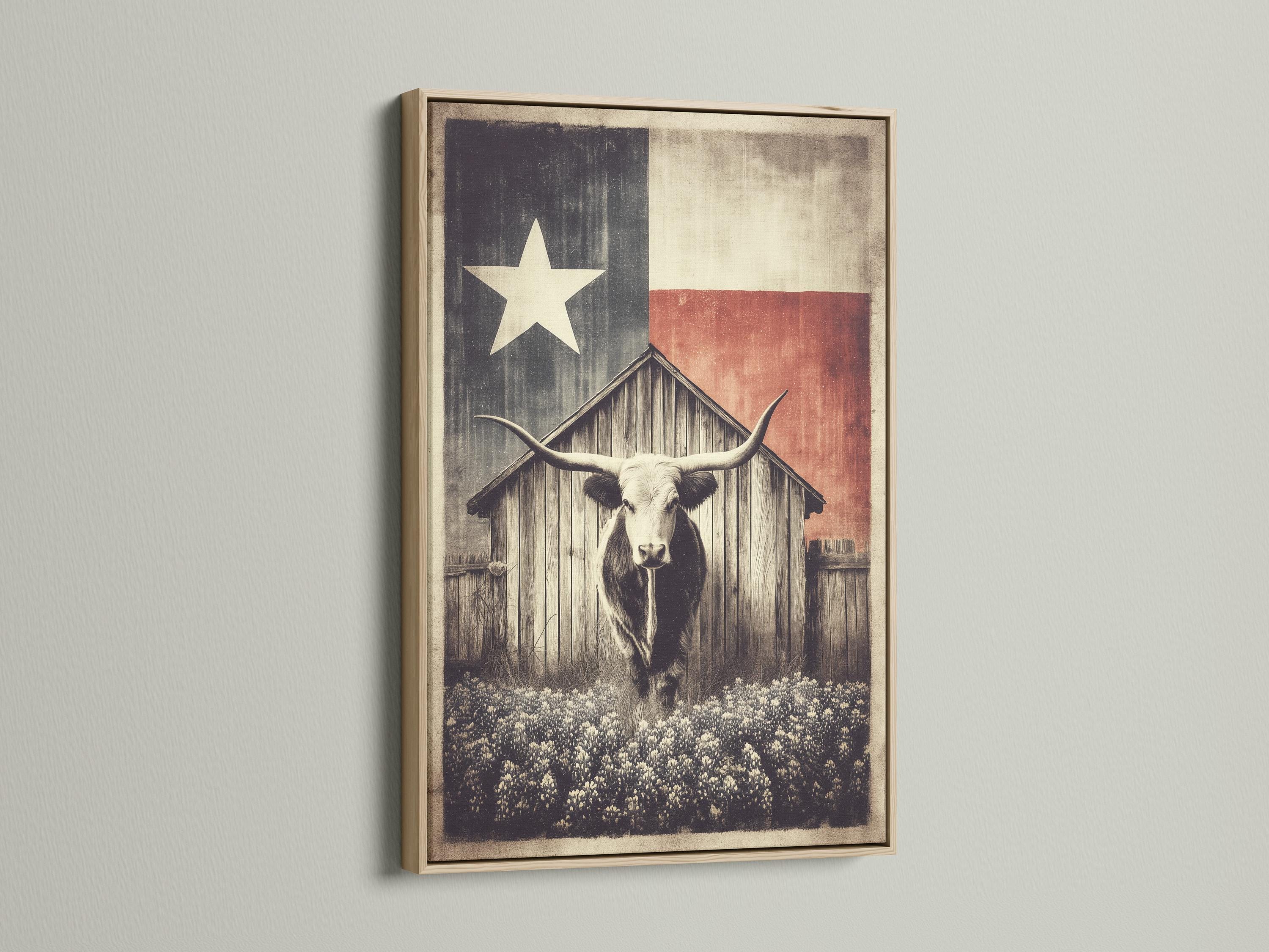 Longhorn steer illustration beneath a barn silhouette and a five-point star on a distressed sepia and charcoal background detail view