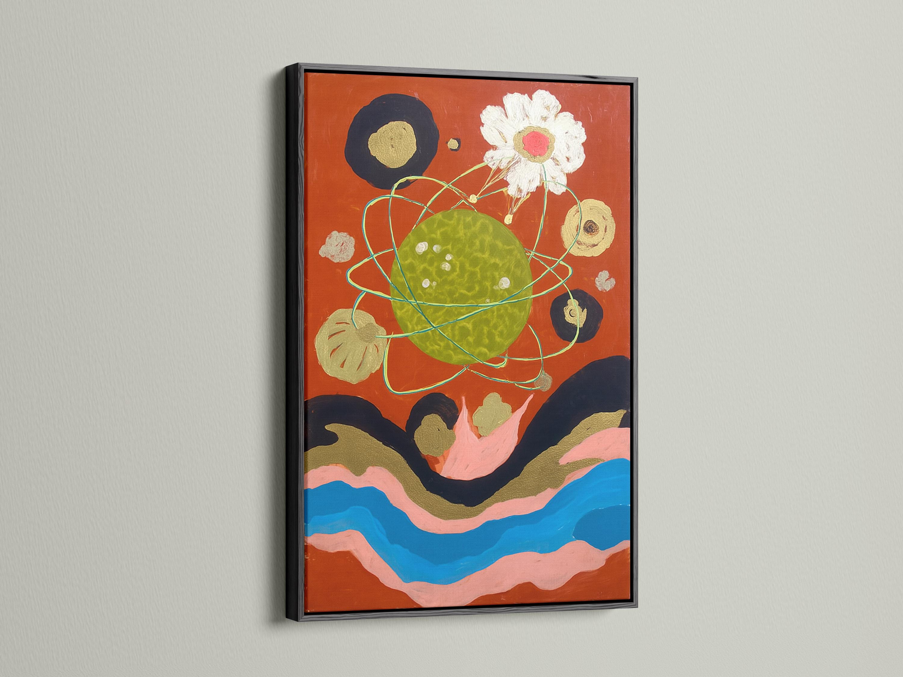 Burnt orange abstract artwork with a mottled green oval, turquoise looping lines, and a white flower with pink centre detail view