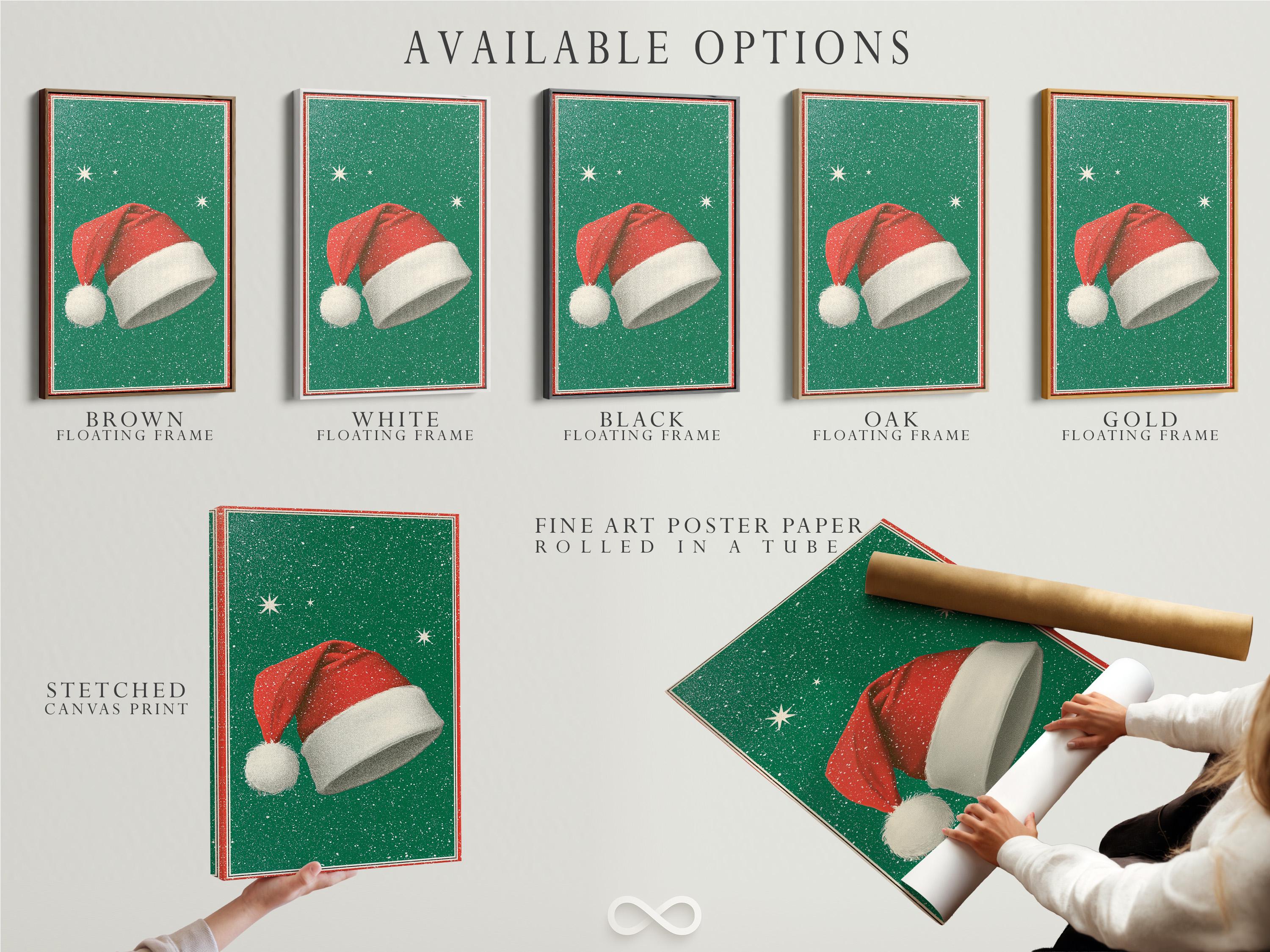 Room mockup featuring a framed Santa hat artwork on an emerald green speckled background