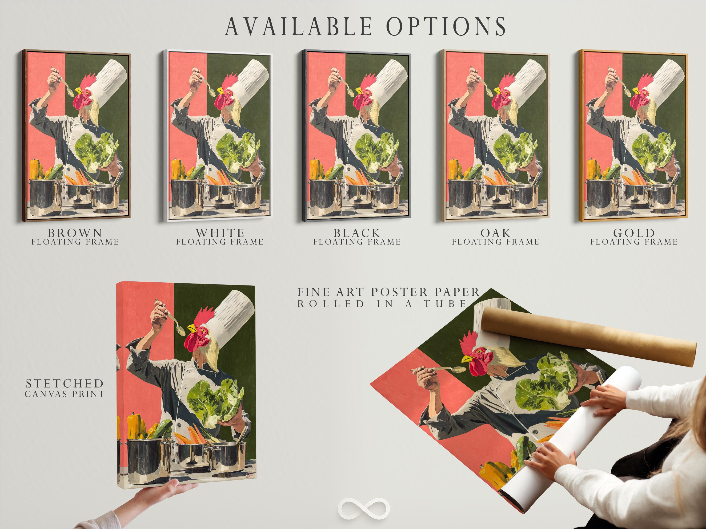 Stylised chef cooking scene with a bright red rooster perched above pots and vegetables detail view
