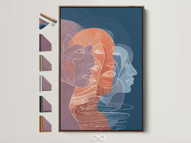 Two minimalist side-profile faces in indigo blue, coral, and mauve with flowing contour lines