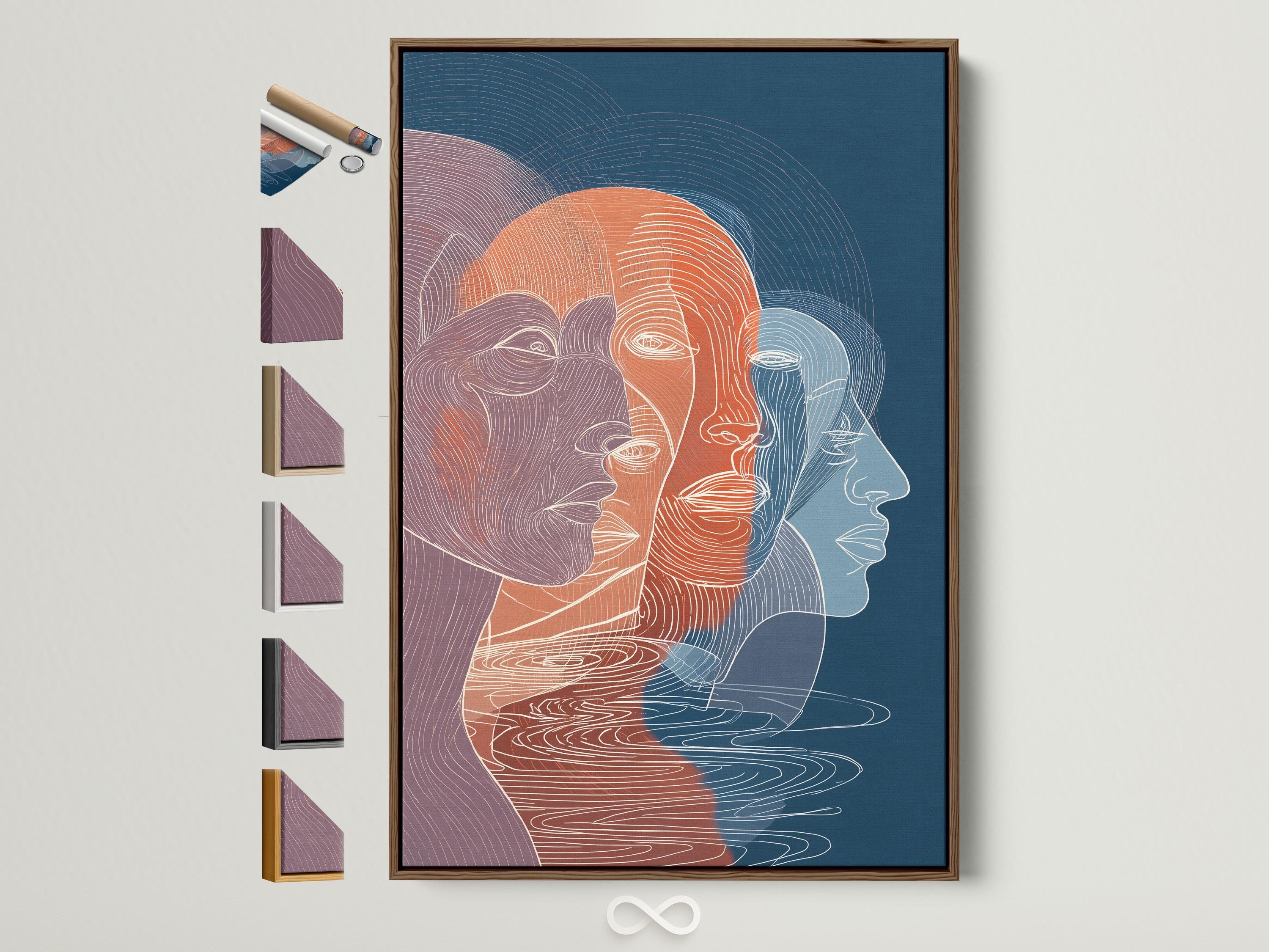Two minimalist side-profile faces in indigo blue, coral, and mauve with flowing contour lines