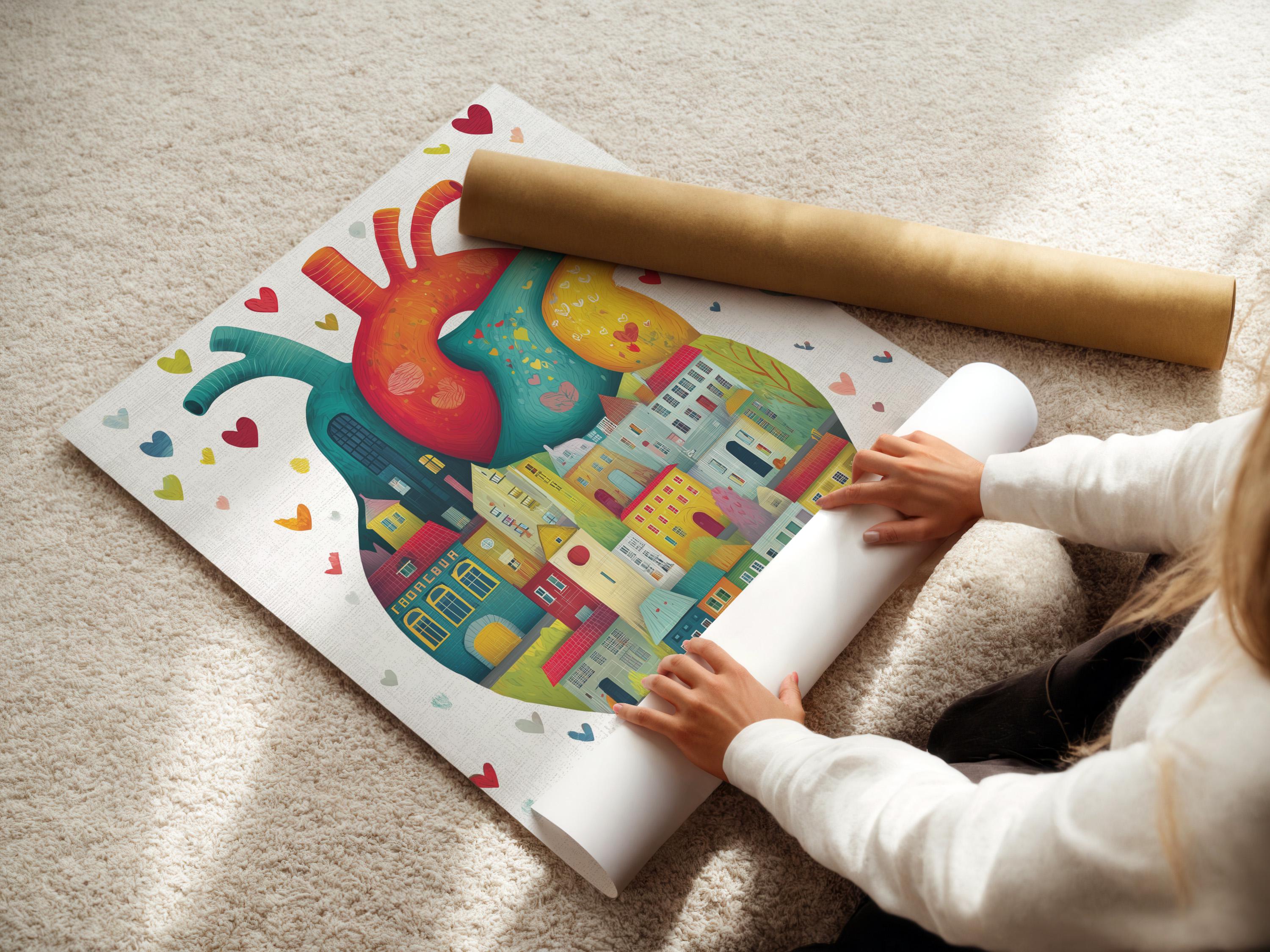 Teal anatomical heart filled with colourful city houses and small floating hearts detail view