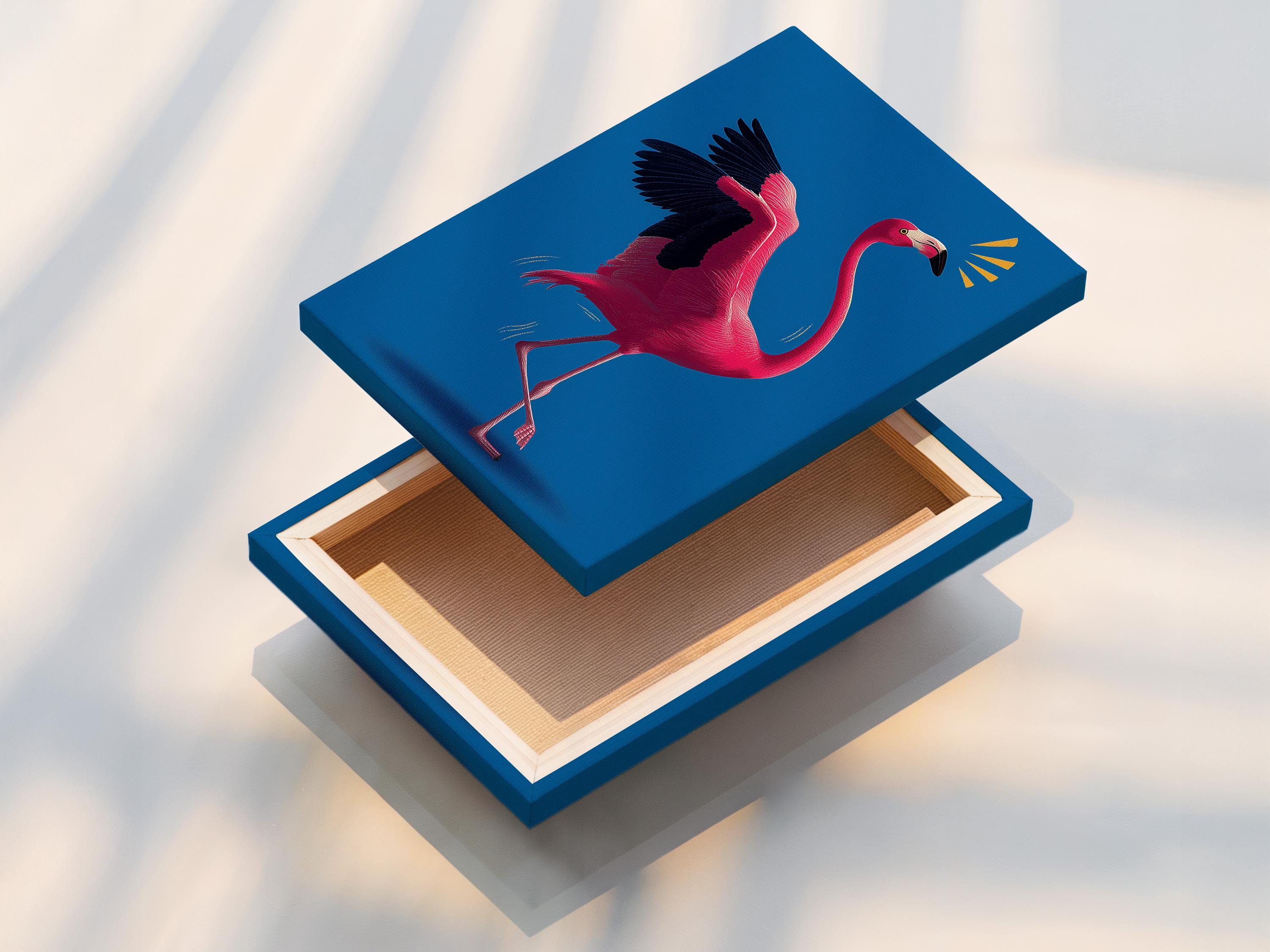 Stylised hot pink flamingo in profile on a vivid blue background with gold spark accents detail view