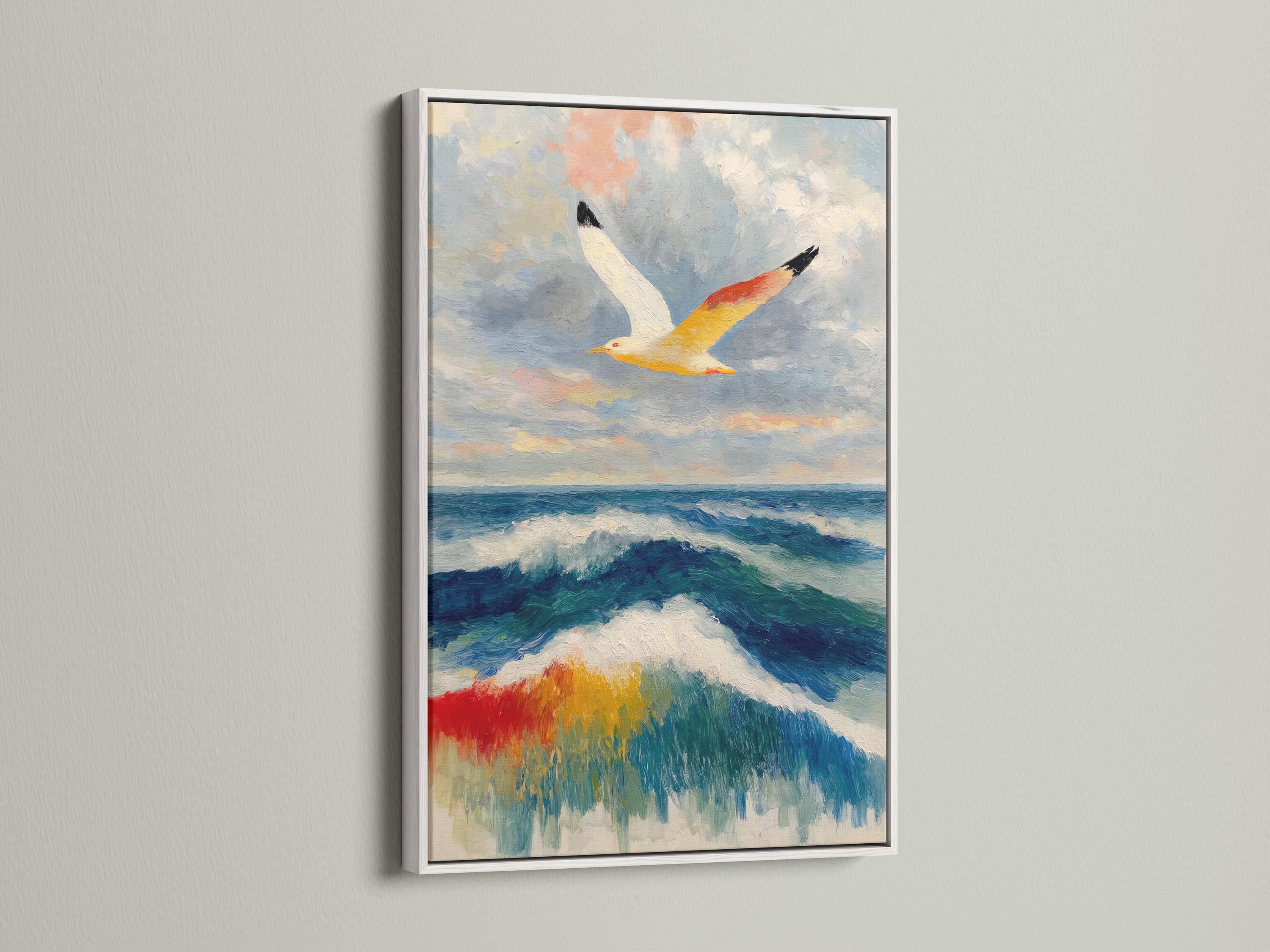 Painterly seagull flying above blue ocean waves with white foam and cloudy sky detail view