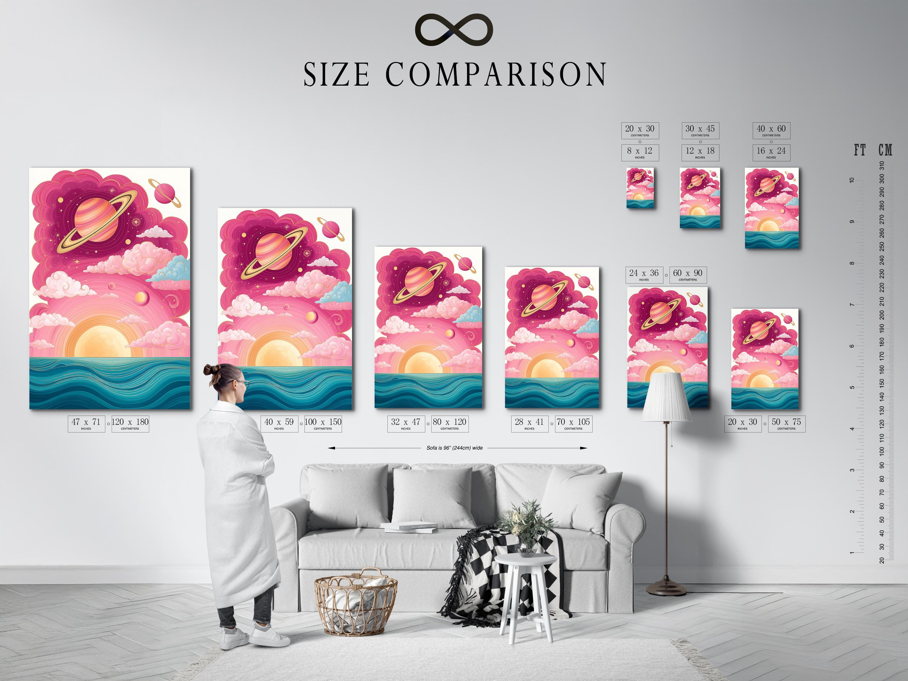 Whimsical ringed planet over swirling pink clouds with rainbow and teal ocean waves detail view
