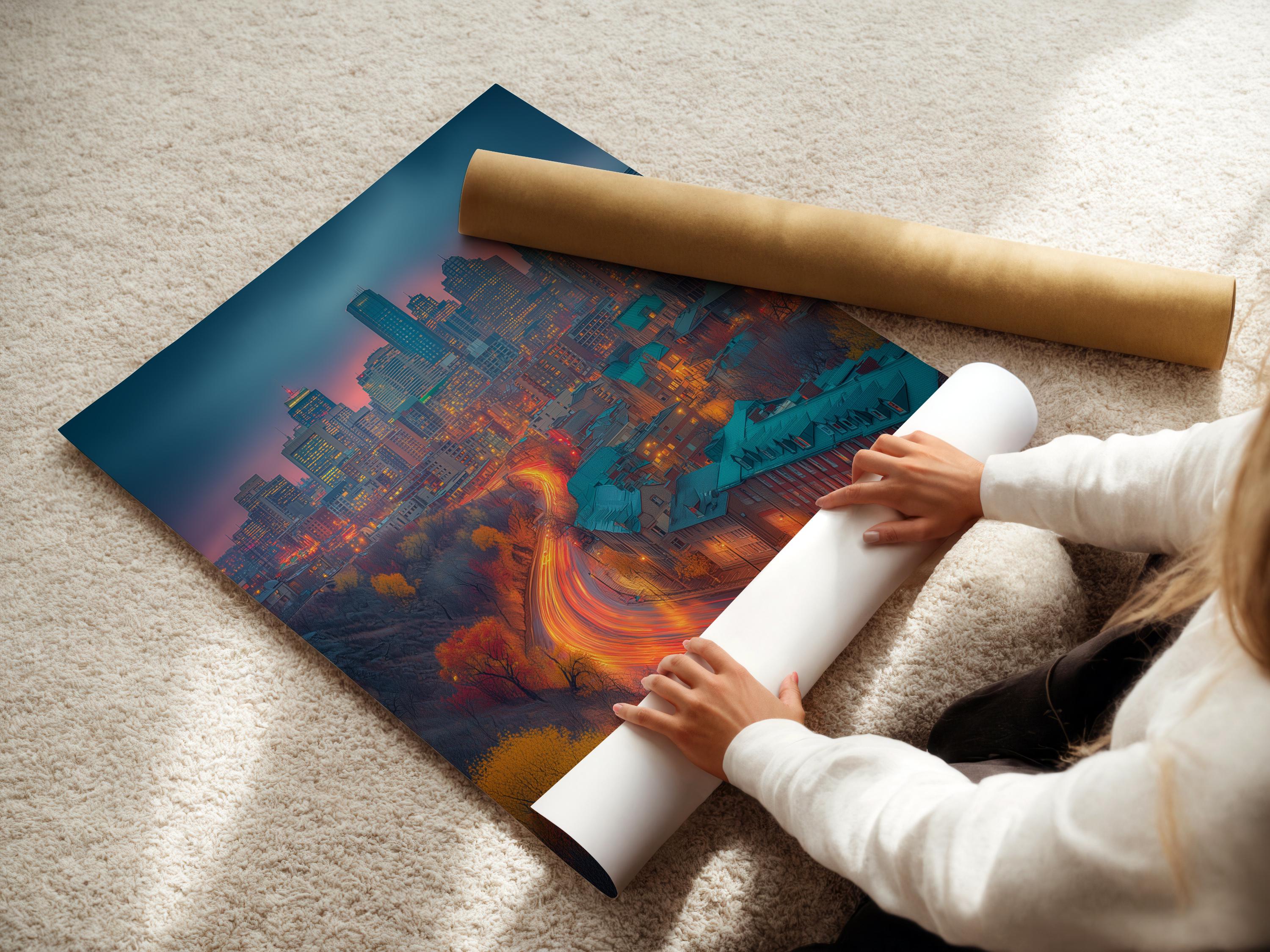 Teal and orange dusk city skyline with glowing curved road lights detail view