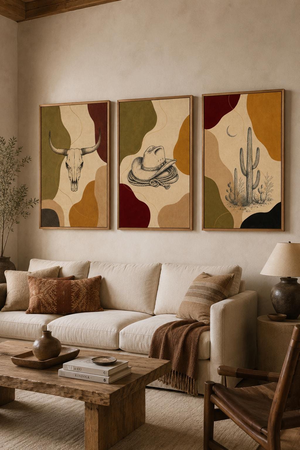 Western wall art set of three panels displayed above a wooden sideboard with decorative vases
