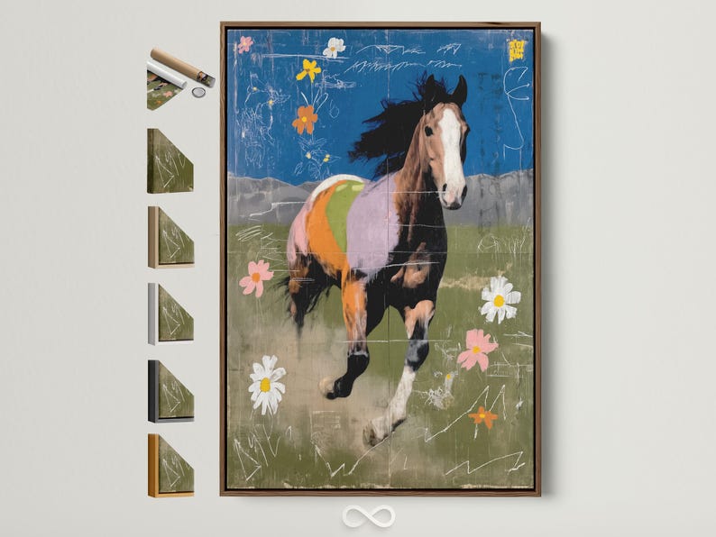Running horse artwork with flowers and white scribble linework on blue and green background