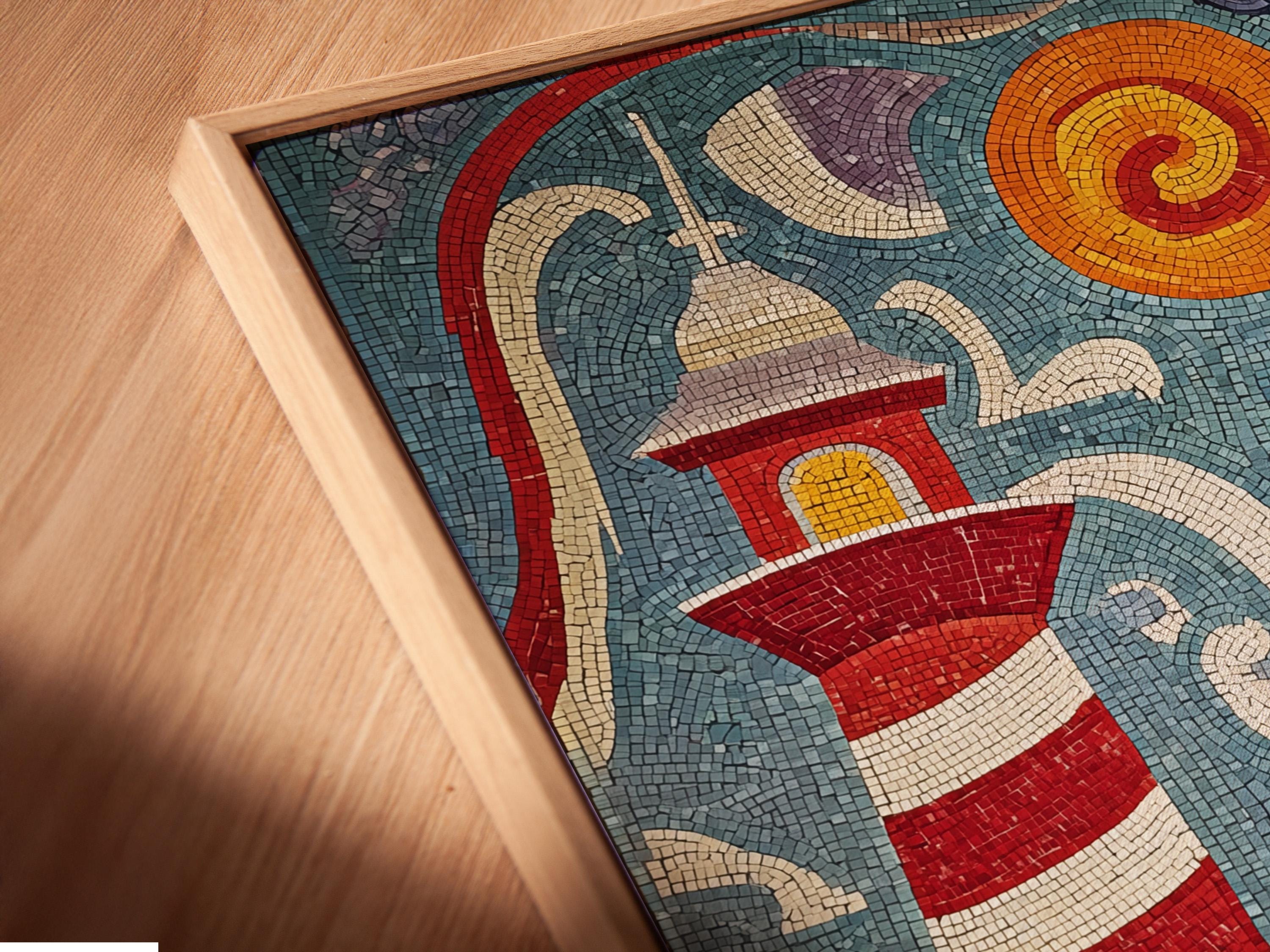 Mosaic lighthouse scene with curved waves in blue, red, white and gold tiles detail view