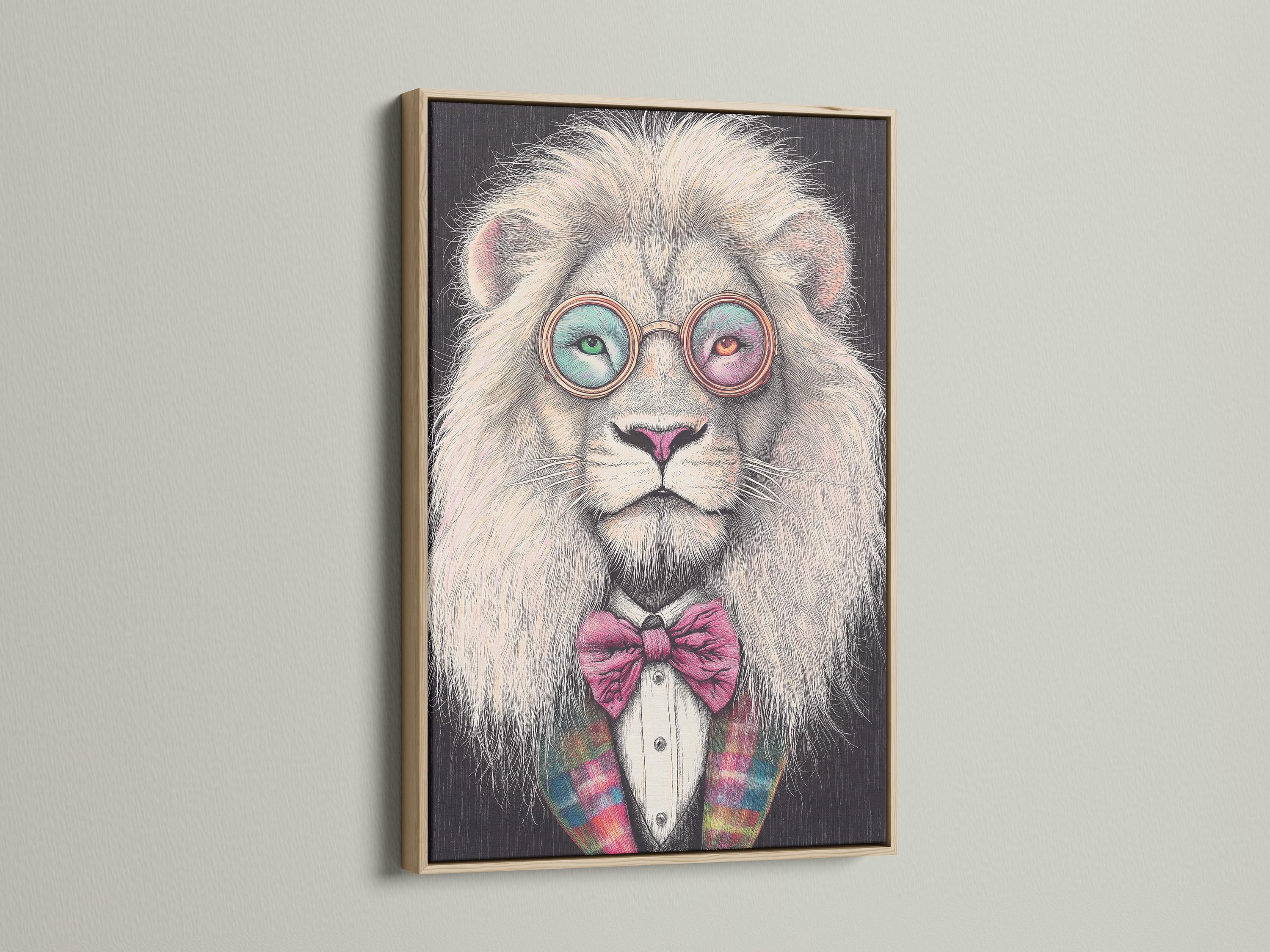 Stylised lion portrait with round glasses and a pink bow tie detail view