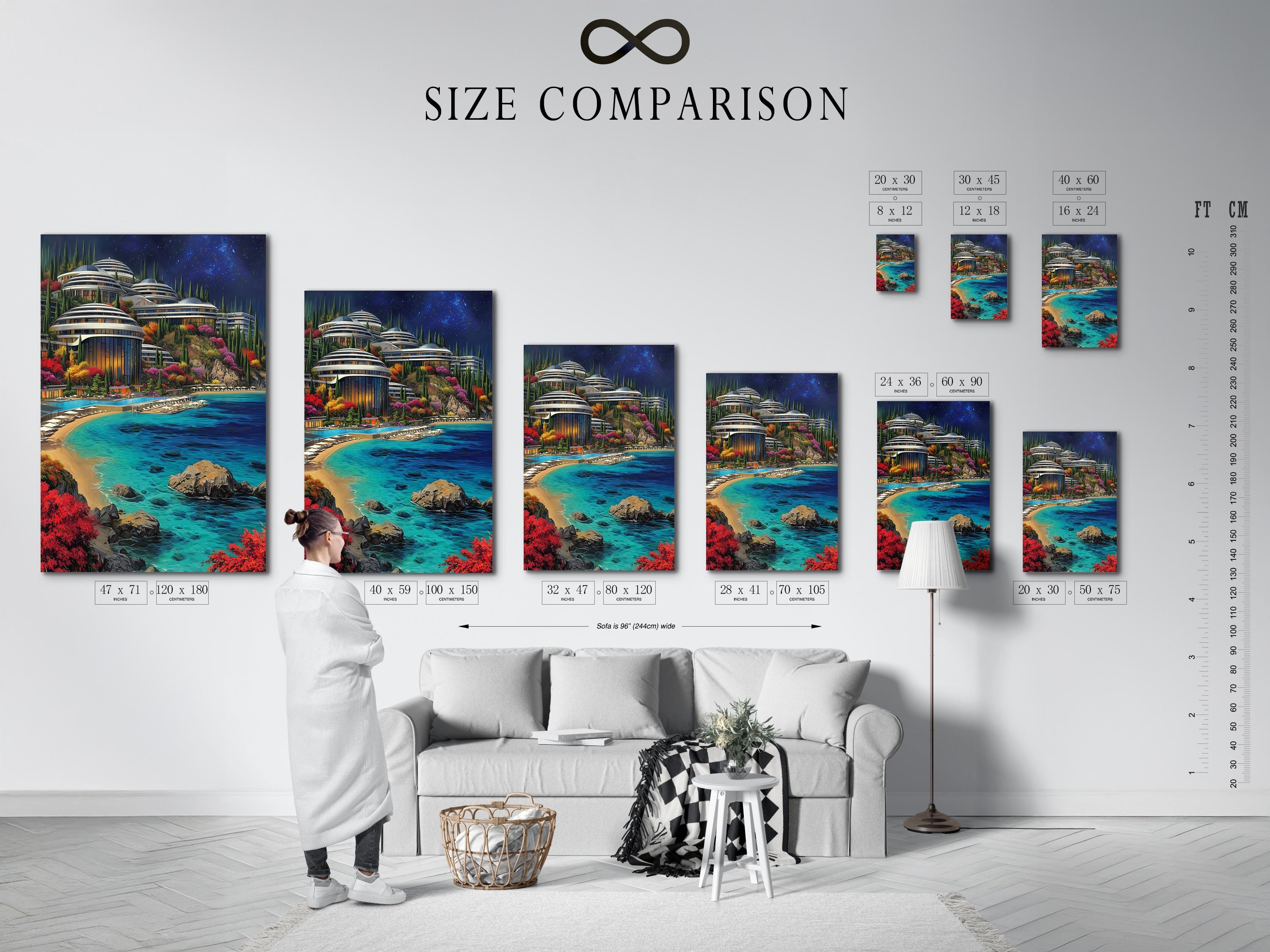 Turquoise ocean coastal cityscape with glowing futuristic towers, colourful gardens and starry night sky detail view