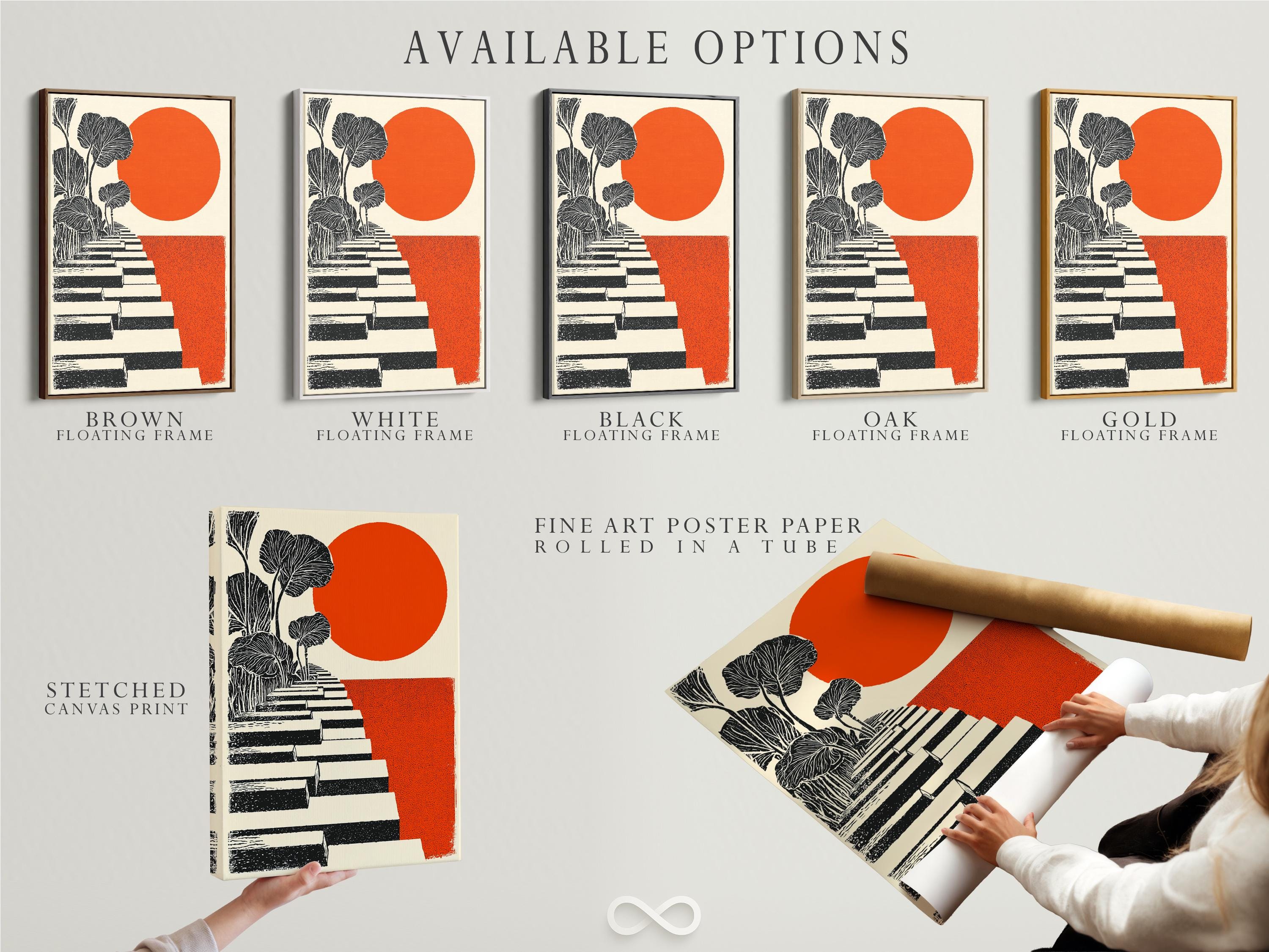 Diagonal black, off-white and burnt orange staircase with tree silhouettes and a large orange sun detail view