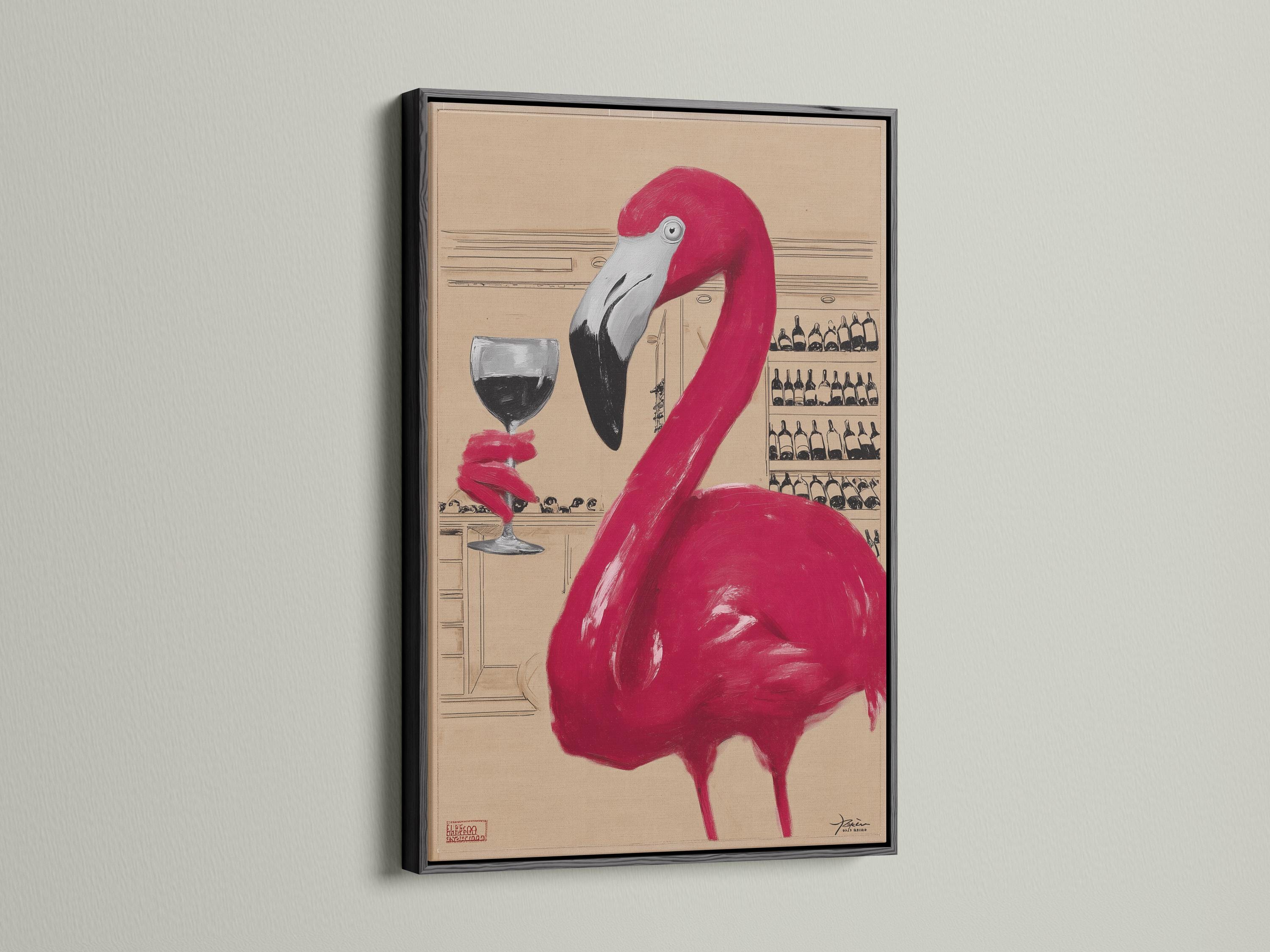 A pink flamingo in a beige bar scene with a wine glass and shelves of bottles detail view