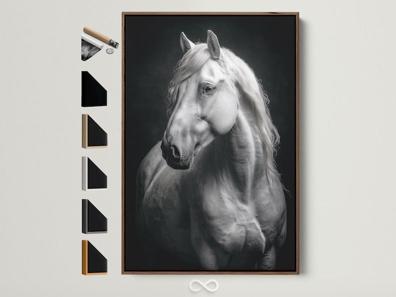Black and white horse portrait artwork facing left with dark background