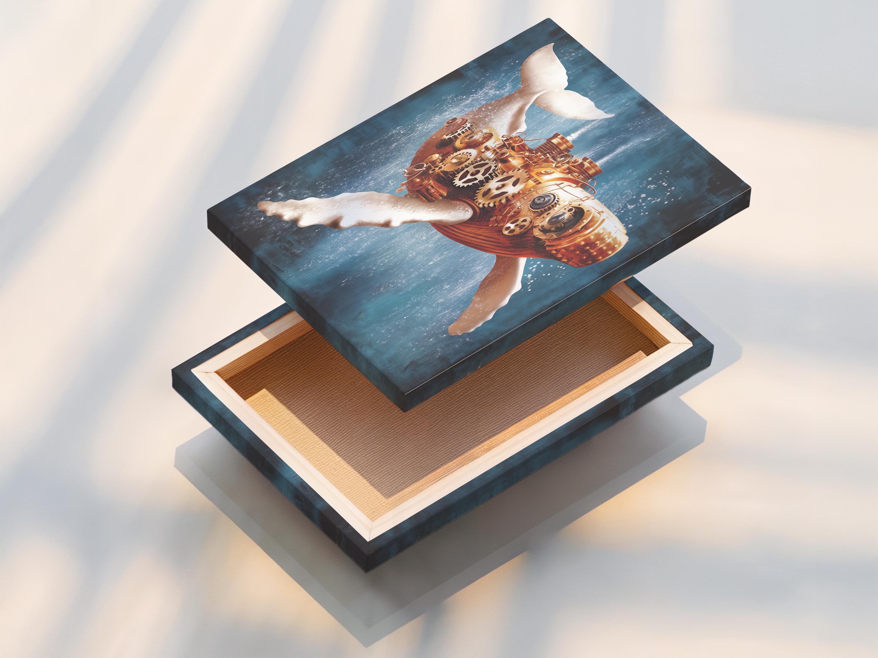 Mechanical whale with copper and gold gears on a textured blue background detail view