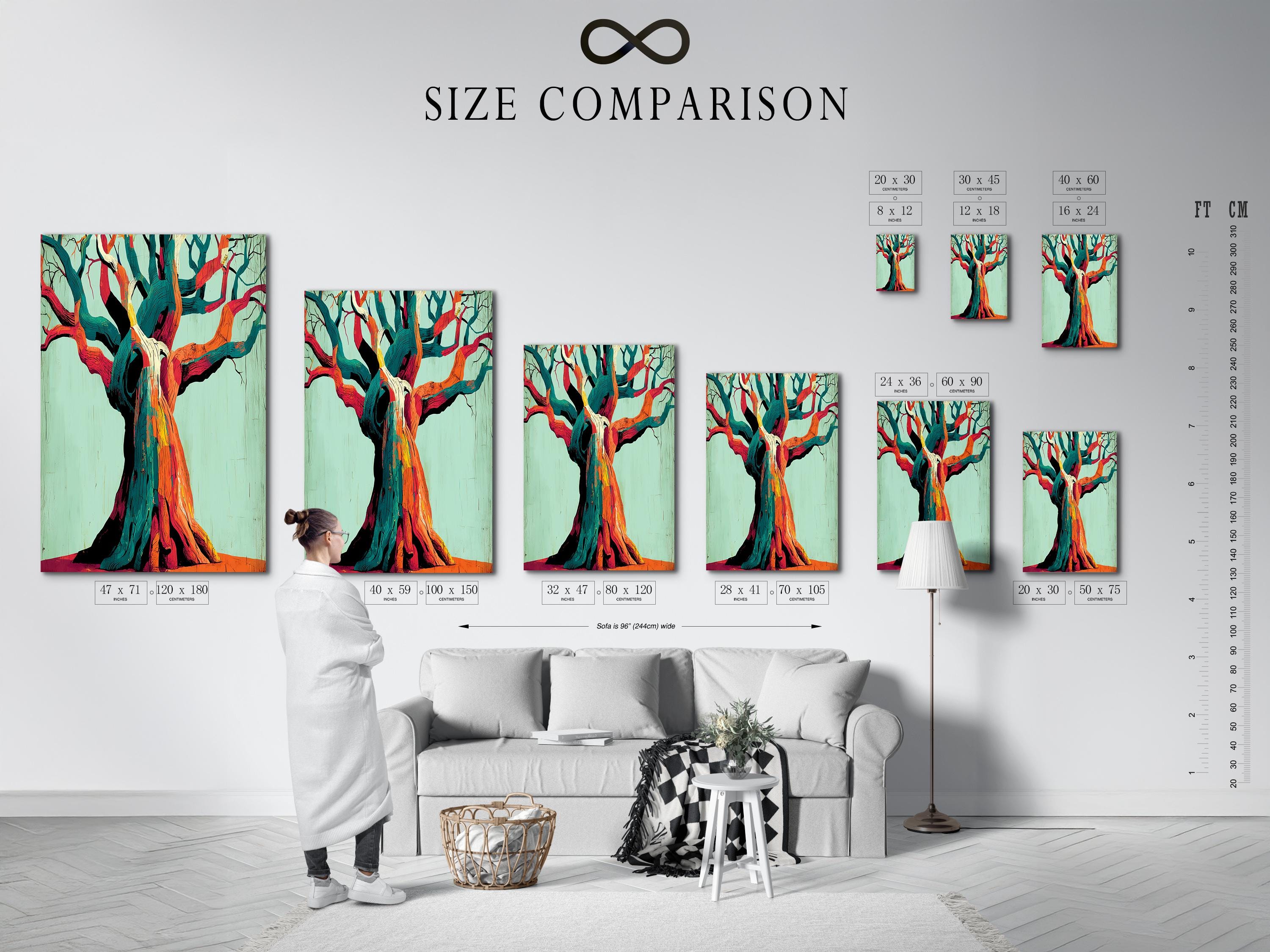 Stylised abstract tree with teal, orange and magenta branches on a pale mint background detail view