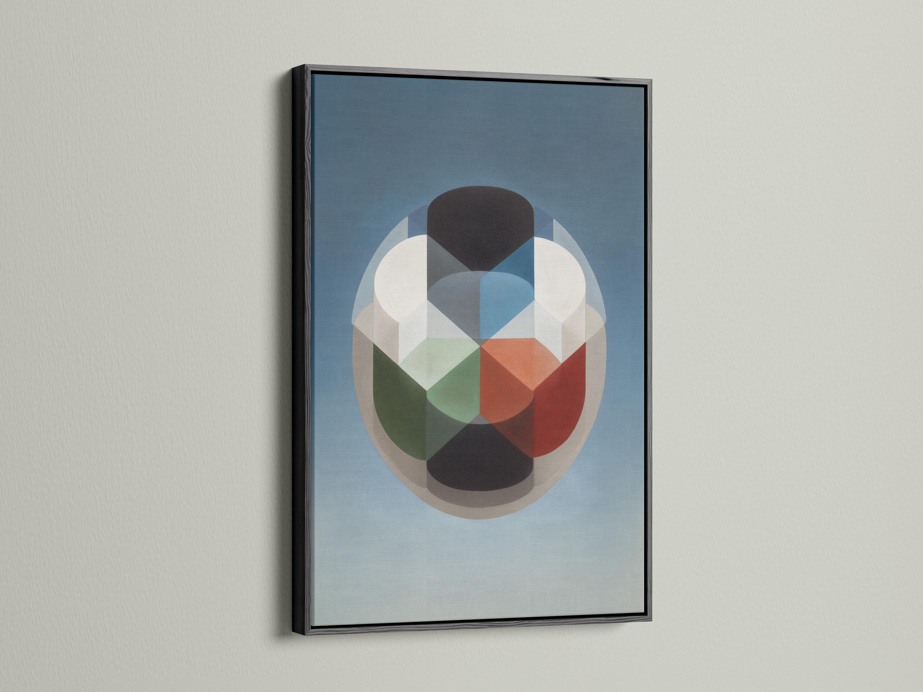 A blue geometric composition features a central rounded cluster of overlapping blocks and circles in cream, grey, dark charcoal, and warm red accents