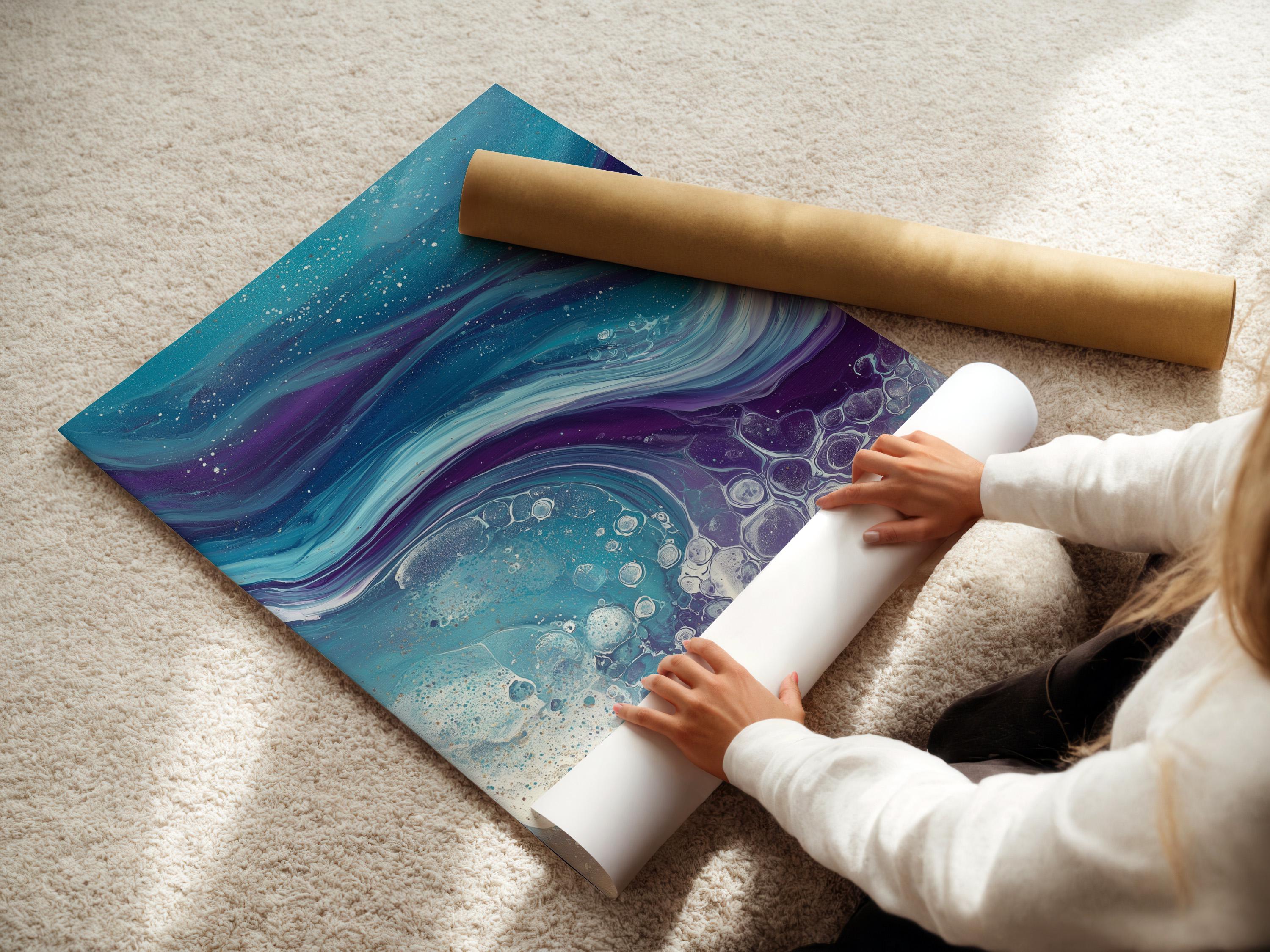 Fluid abstract ocean waves in teal and purple with bubble-like foam highlights detail view