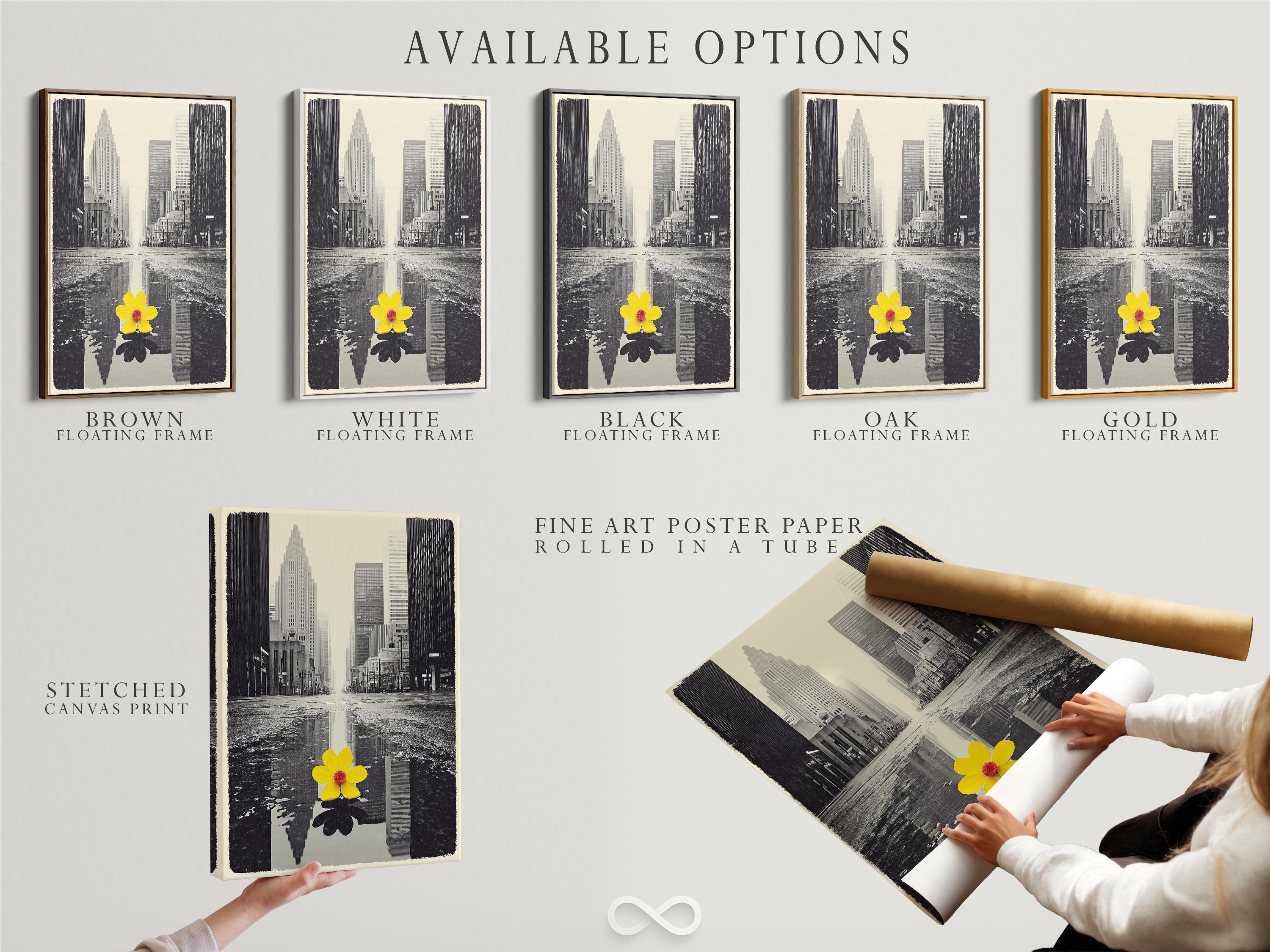 A monochrome city skyline is overlaid with a single bright yellow flower, reflected in water-like bands, creating a high-contrast urban accent detail