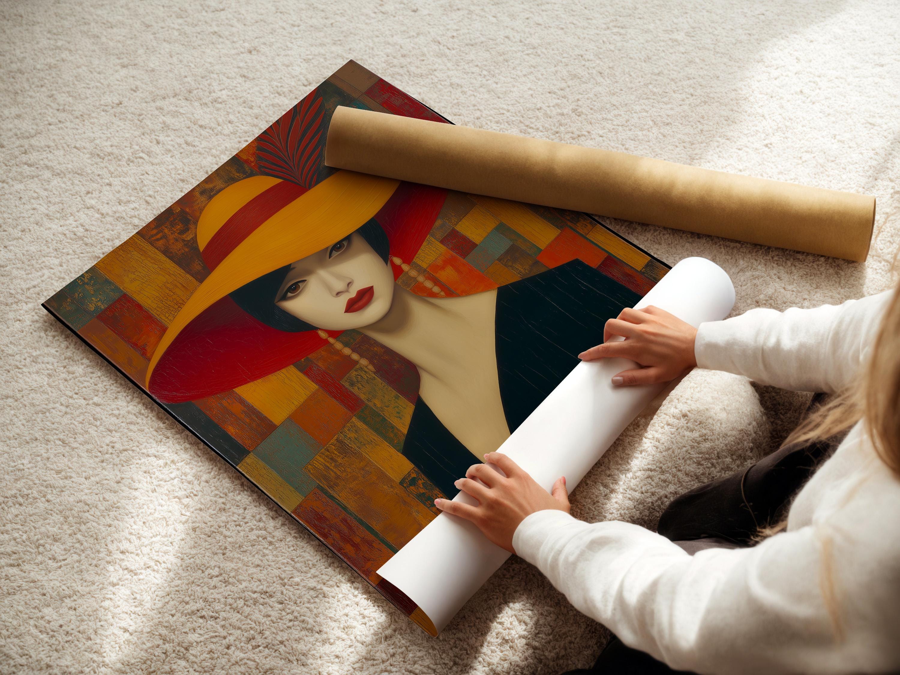 Stylised portrait of a woman wearing a wide red hat against a geometric red, gold and teal background detail view