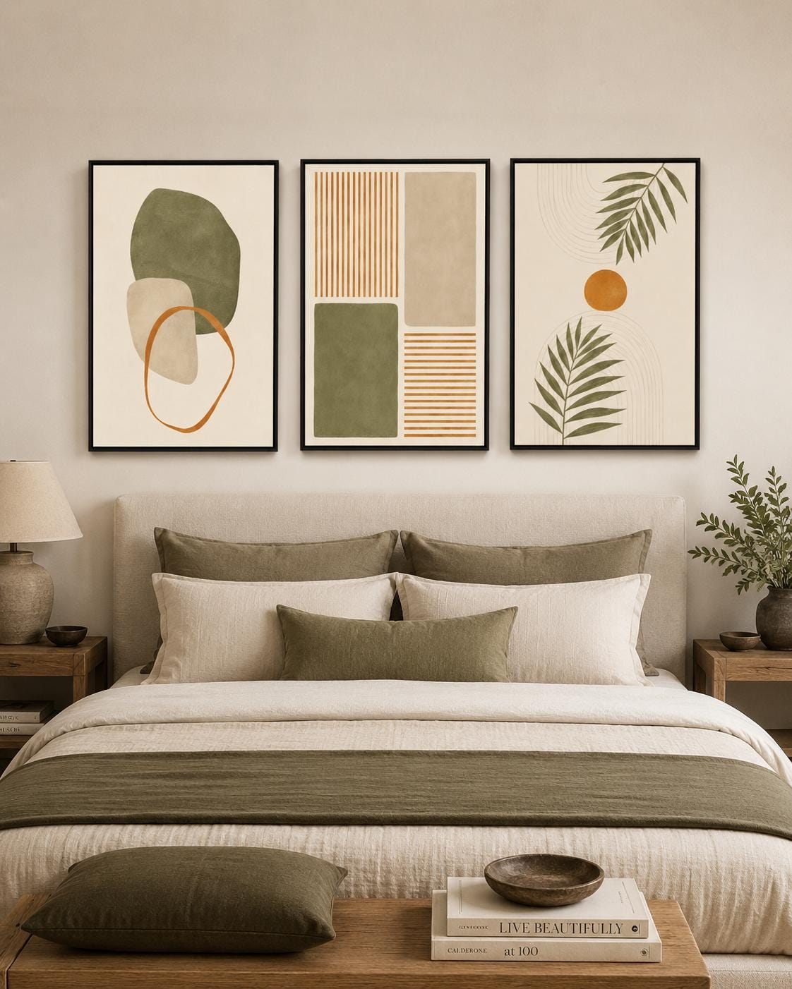 A set of three framed botanical-style artworks shows abstract leaf shapes, geometric blocks and lines in muted greens and terracotta on light detail
