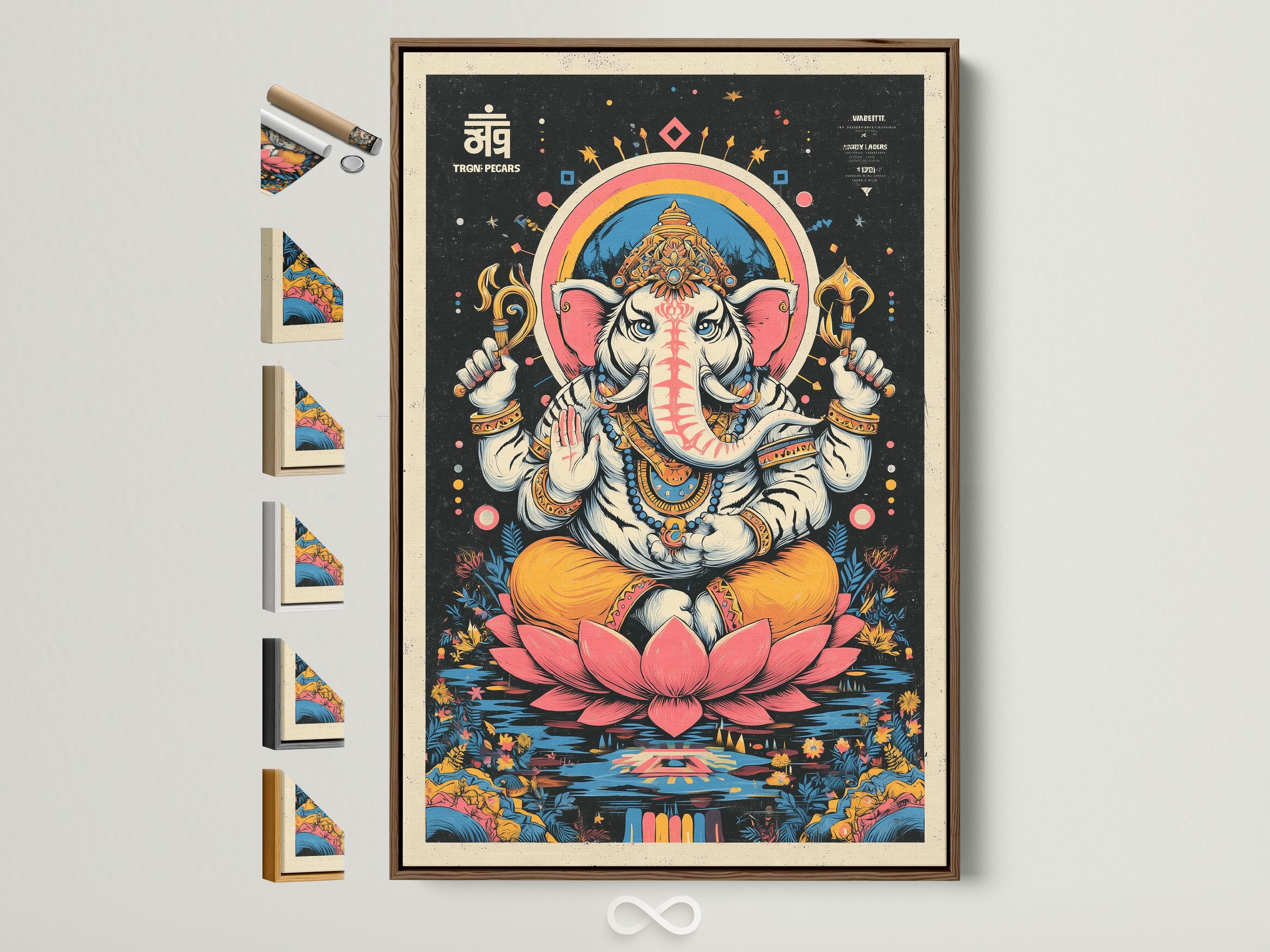 Colourful elephant-headed deity seated above a pink lotus on a dark starry background detail view