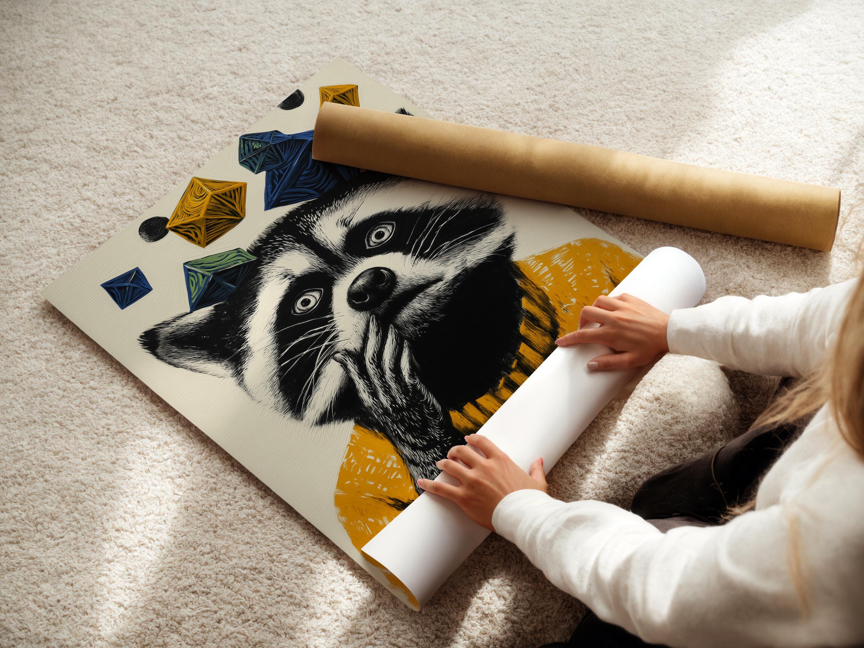 Stylised raccoon portrait with black and white fur, mustard yellow texture, and floating navy geometric shapes detail view