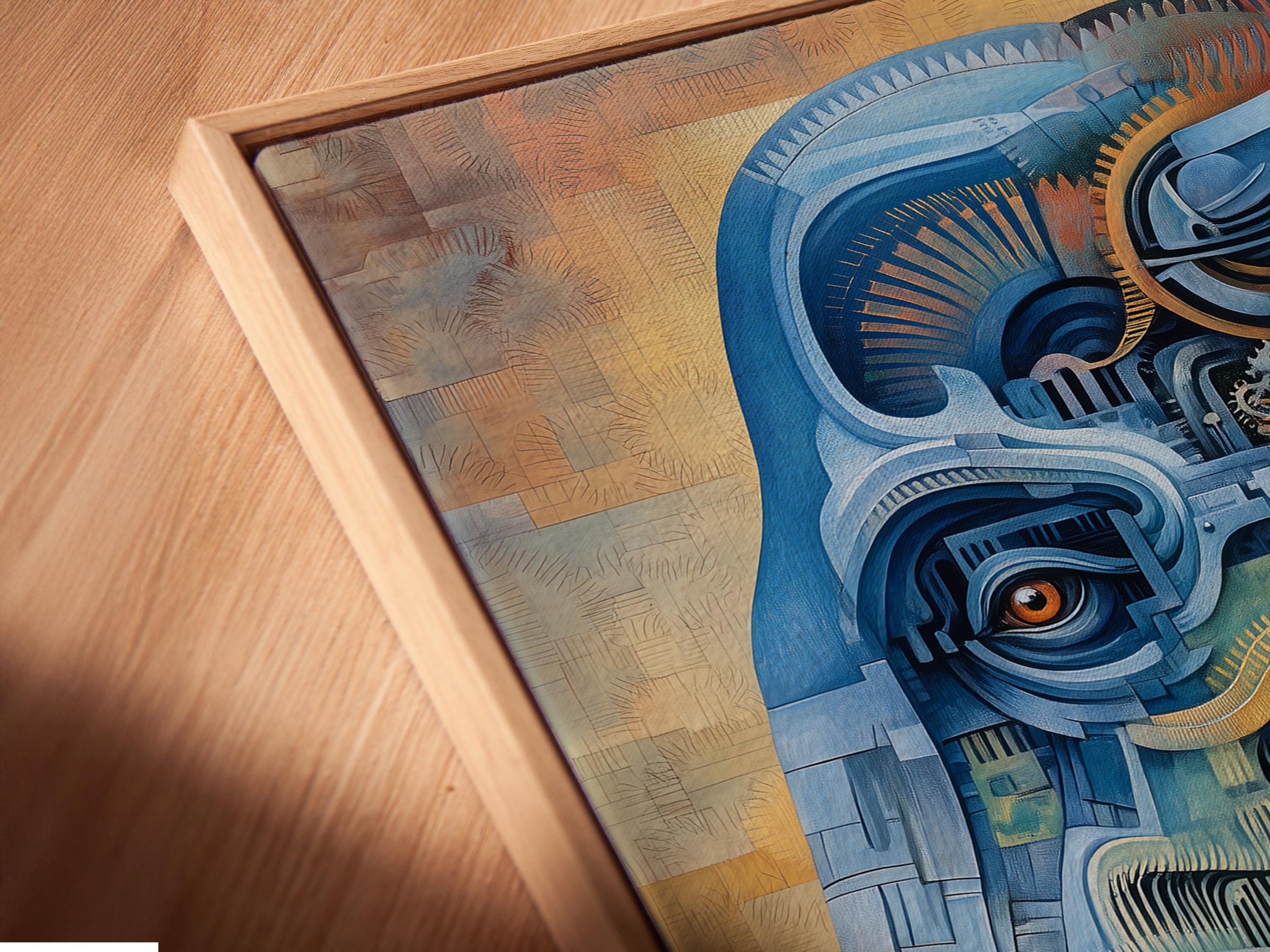 Steampunk-style elephant illustration in blue with gold gear details detail view