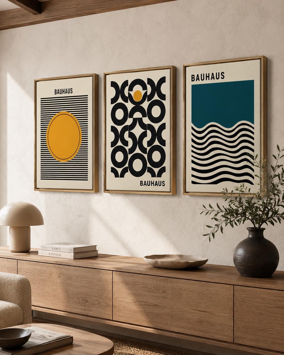 Three-panel geometric Bauhaus-style artwork with black stripes, circles and wavy teal lines detail view