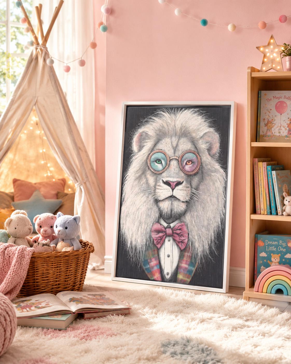 Stylised lion portrait with round glasses and a pink bow tie detail view