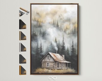 Misty Forest Cabin Canvas Art - Rustic Landscape Print, Neutral Pine Tree Wall Decor, Woodland Artwork for Study, Living Room, Nature Lover