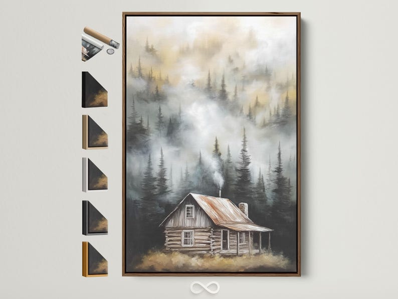 Misty forest with tall pine trees and a rustic cabin in the foreground