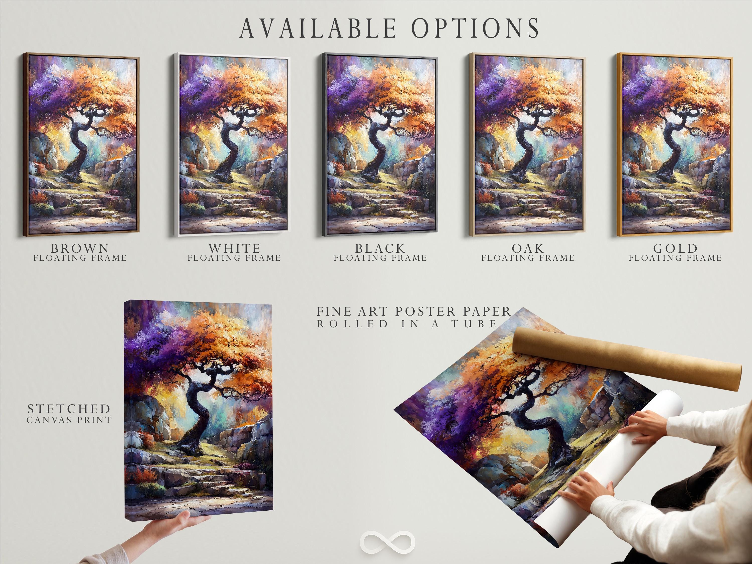 Fantasy tree landscape artwork with a twisted tree, rocky steps and vivid purple, orange and blue colours detail view