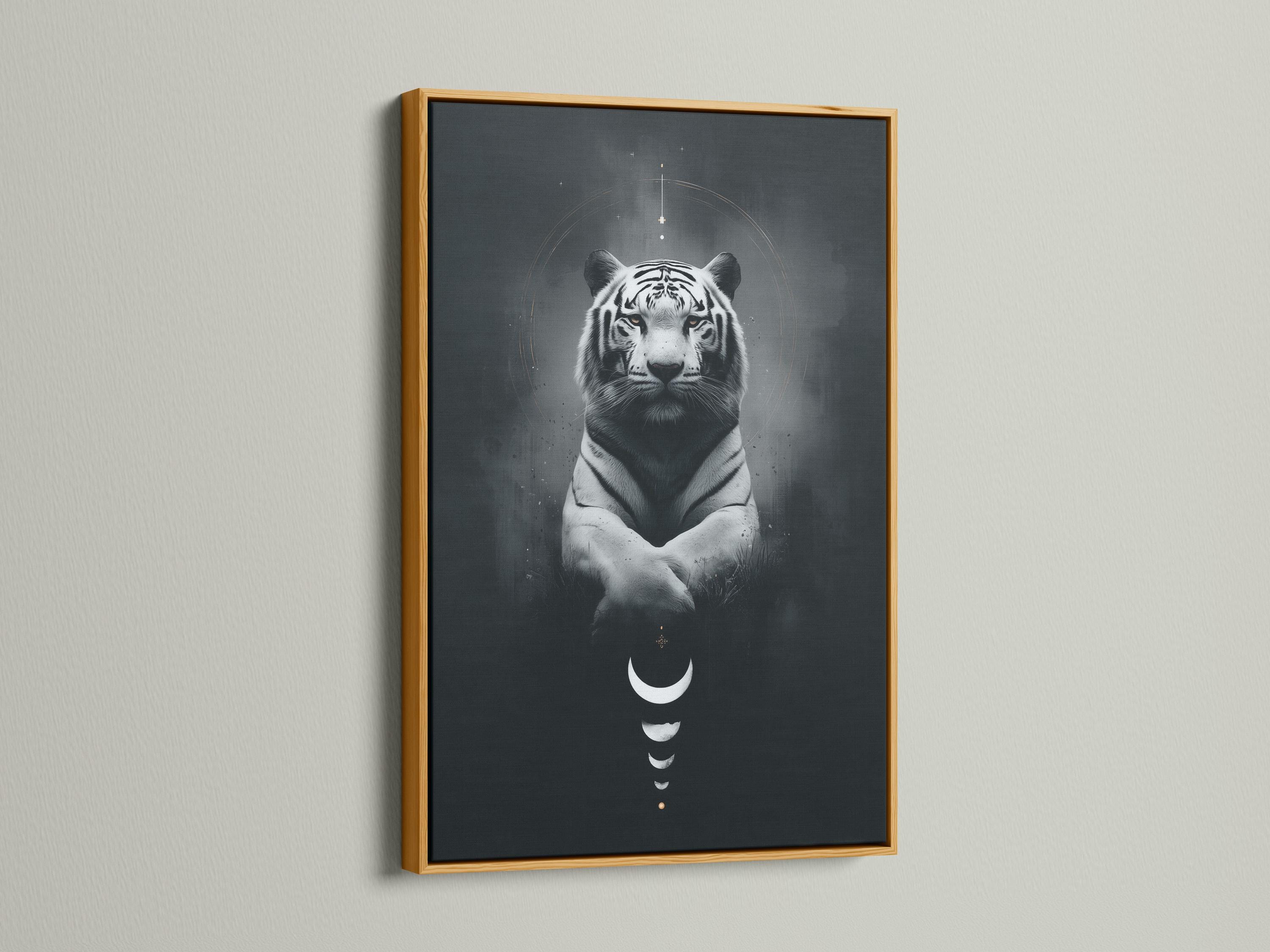 Room mockup showing framed tiger wall art with crescent moons and circular halo