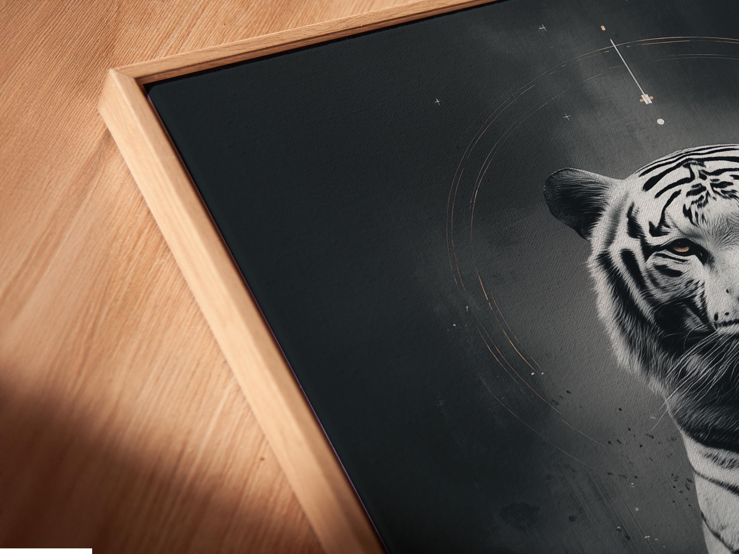 Room mockup showing framed tiger wall art with crescent moons and circular halo