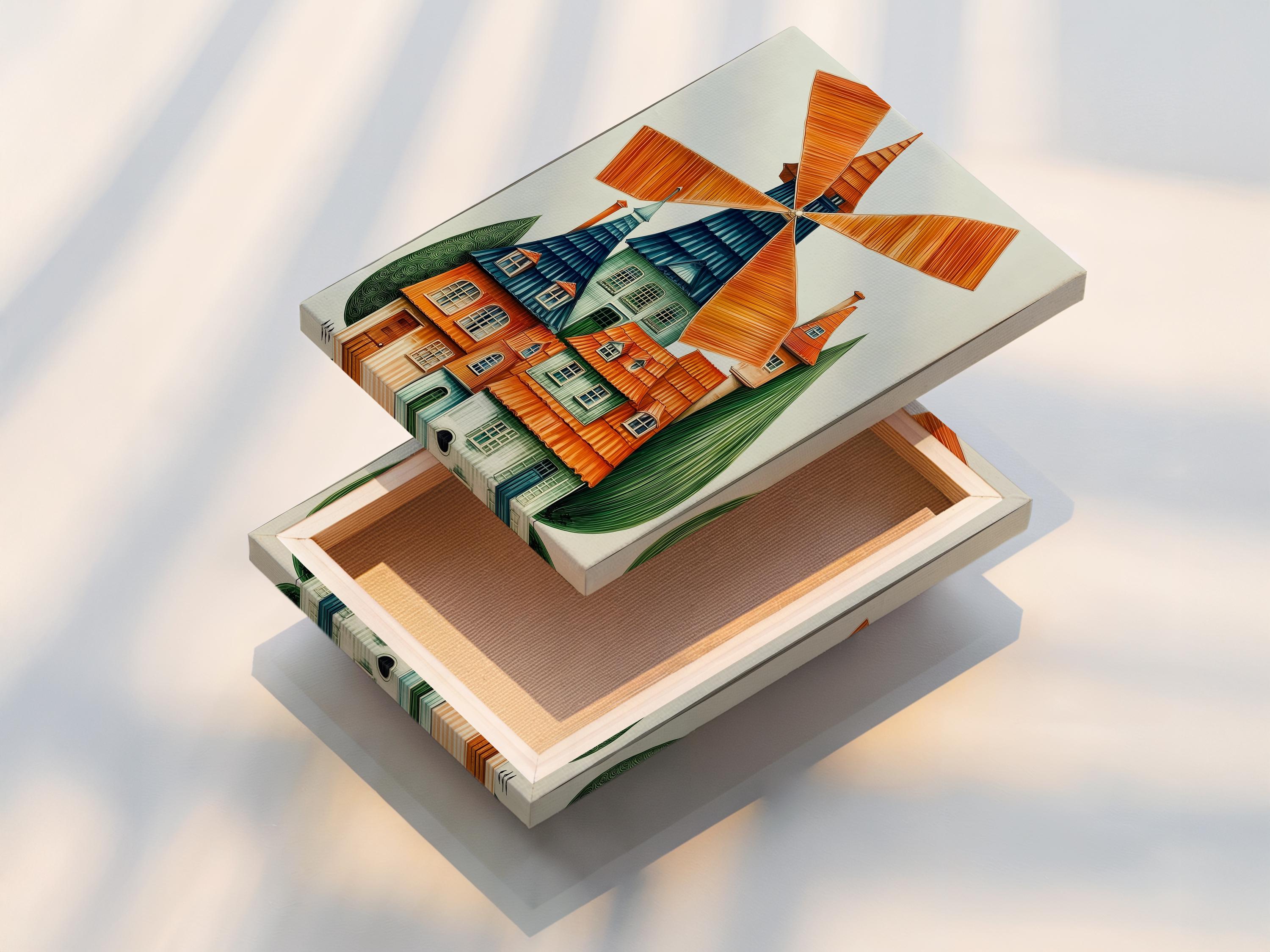 Illustrated windmill scene with orange blades and a blue-green house detail view
