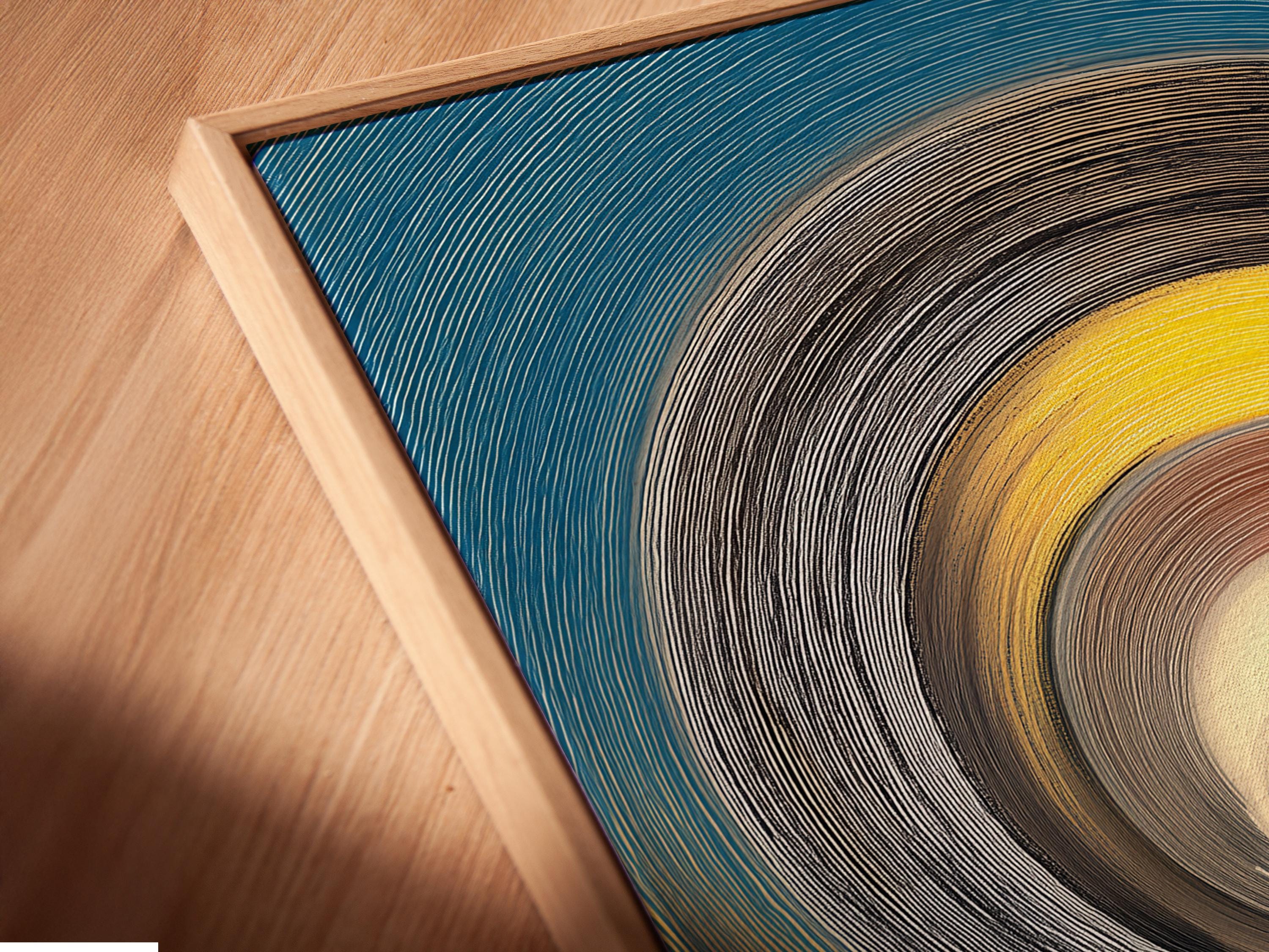 Stylised teal and yellow landscape with concentric swirl lines, reflective water and silhouetted acacia trees detail view